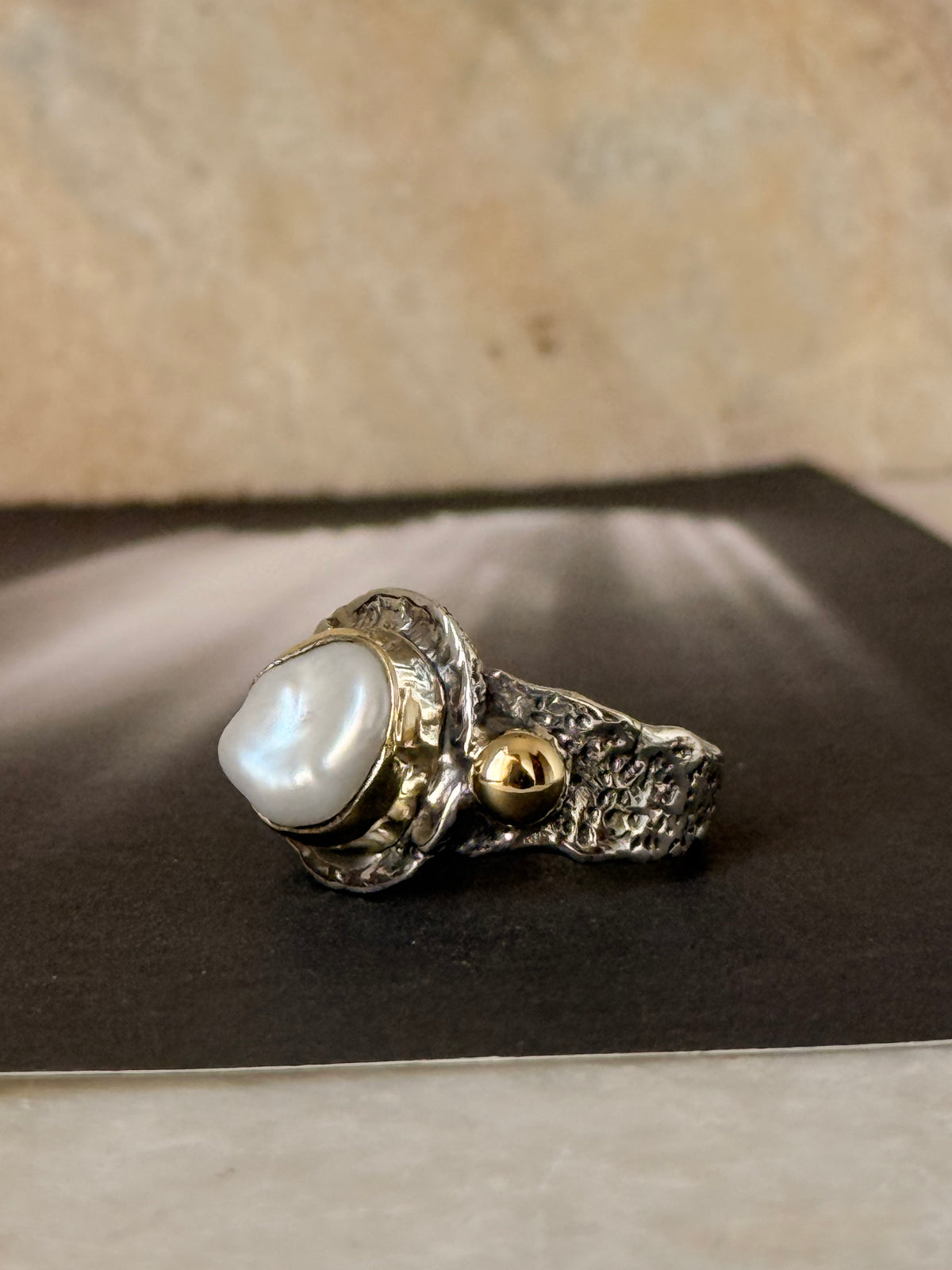 925 Sterling Silver Baroque Pearl Rustic Fusion Handcrafted Ring