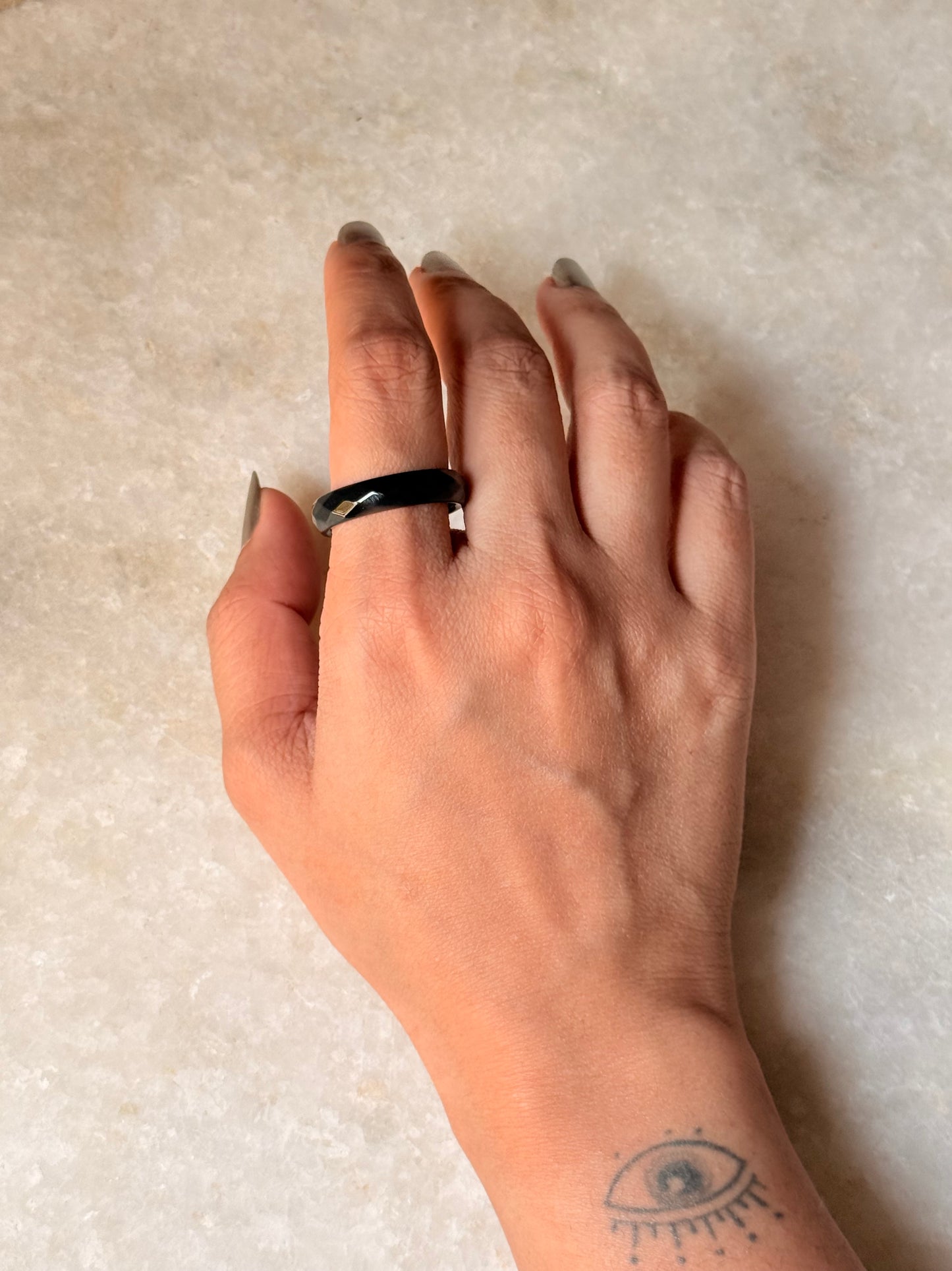 Natural Crystal Faceted Black Agate Band Ring