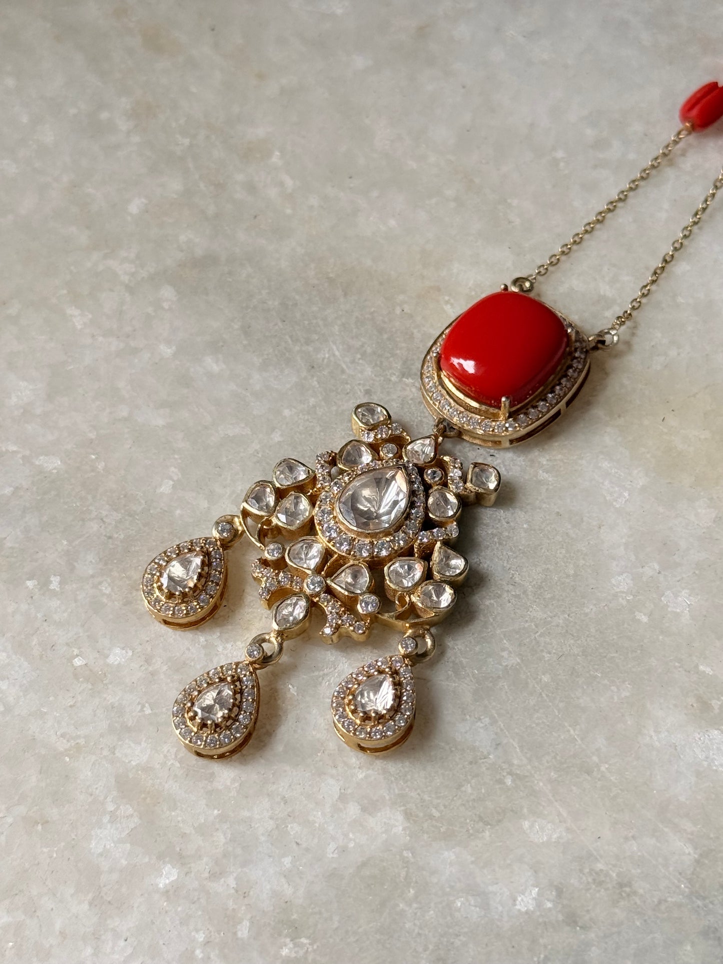 Handcrafted 925 Sterling Silver Gold Plated Coral Antique Moissanite Polki Necklace