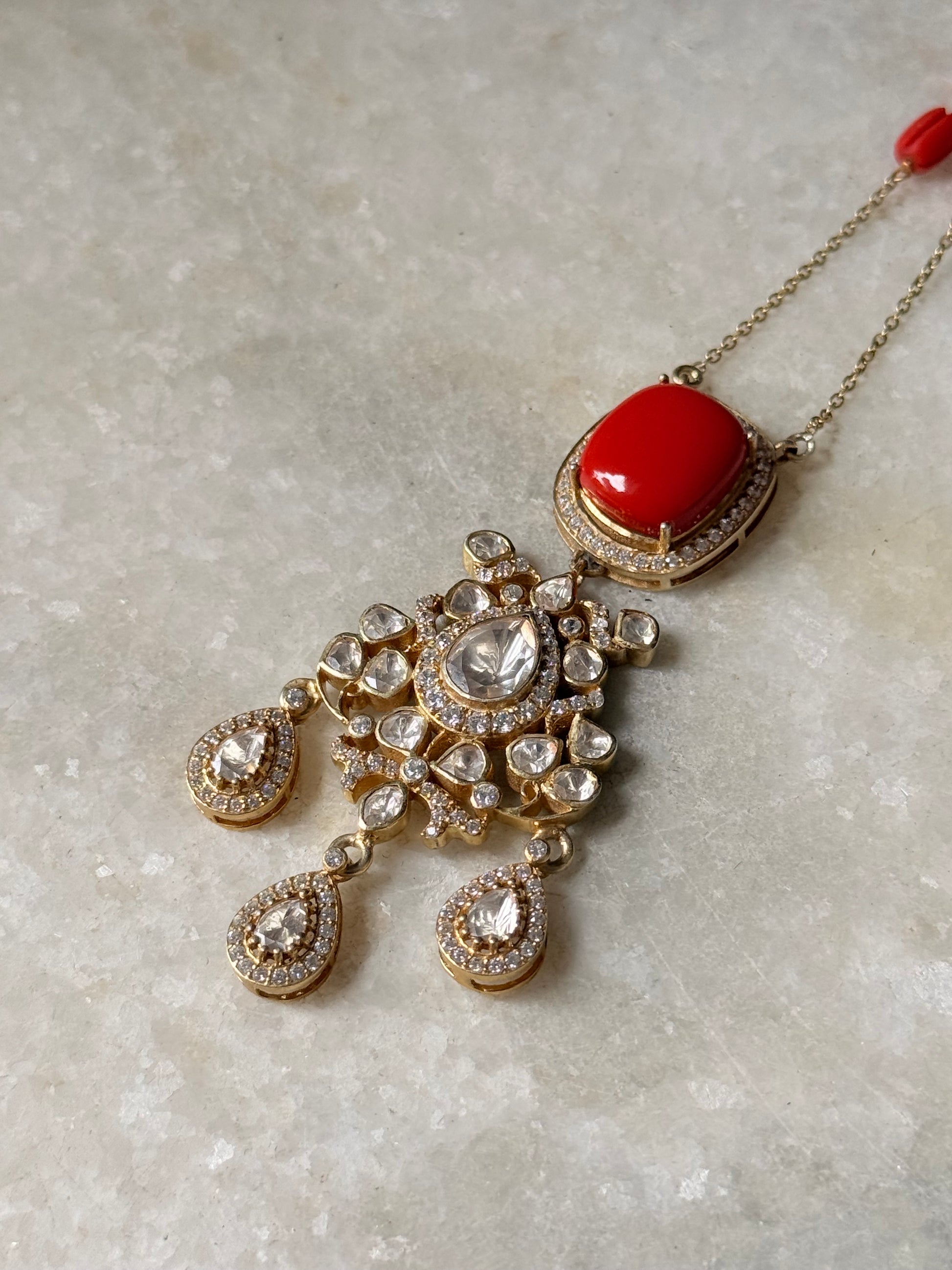 Handcrafted 925 Sterling Silver Gold Plated Coral Antique Moissanite Polki Necklace