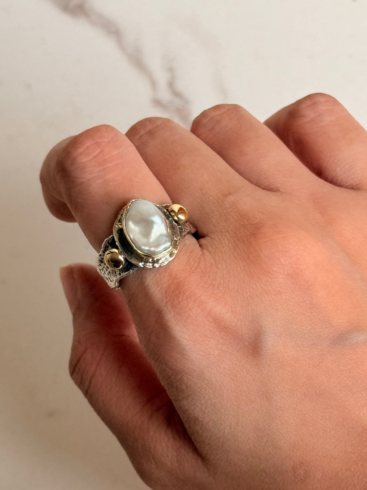 925 Sterling Silver Baroque Pearl Rustic Fusion Handcrafted Ring