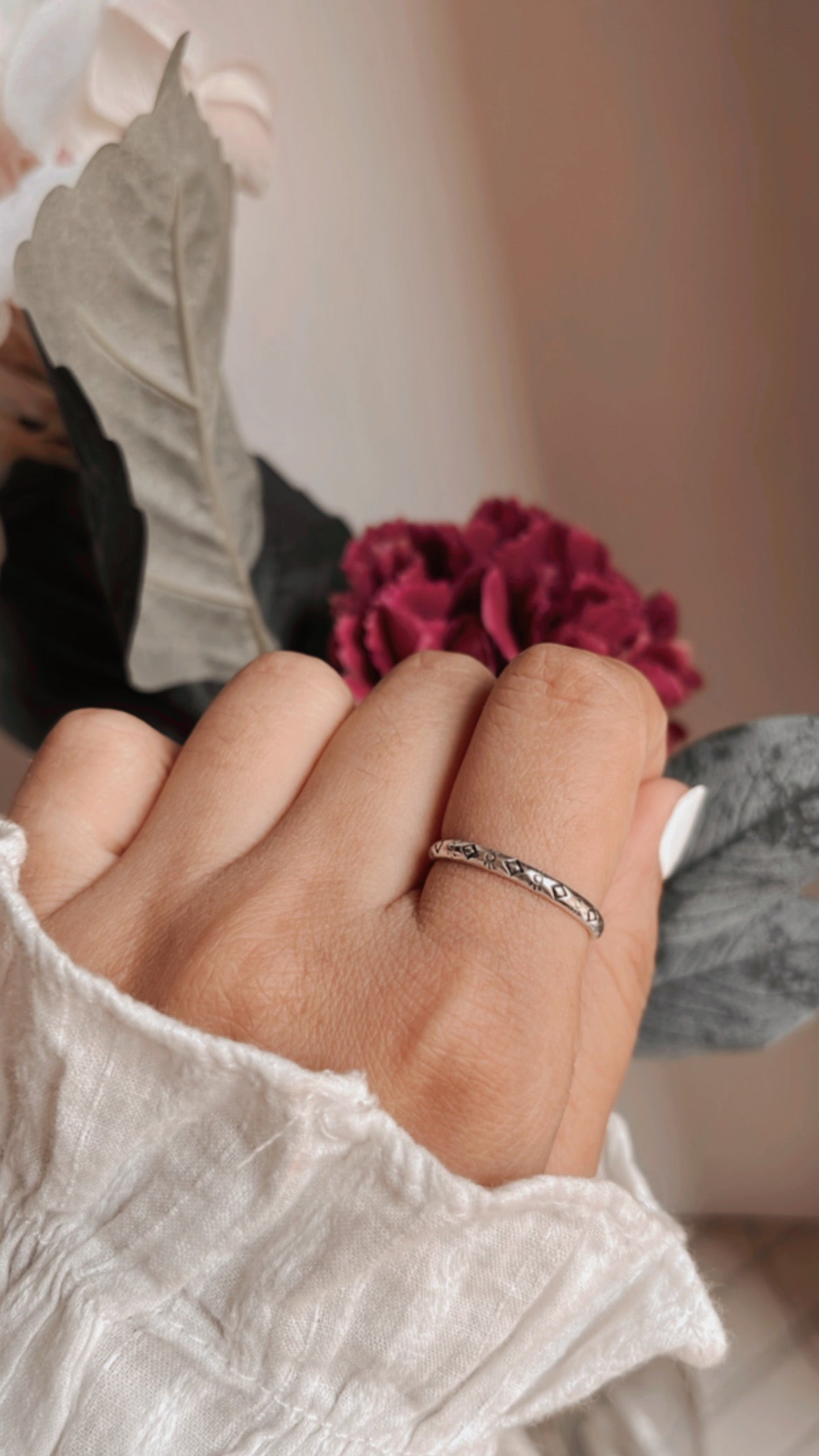 Boho-inspired tribal engraved stackable silver ring