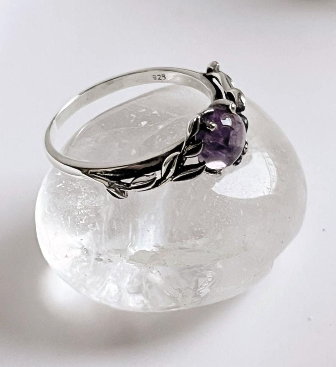 Silver Ring with Amethyst and Forest Enchantment Design