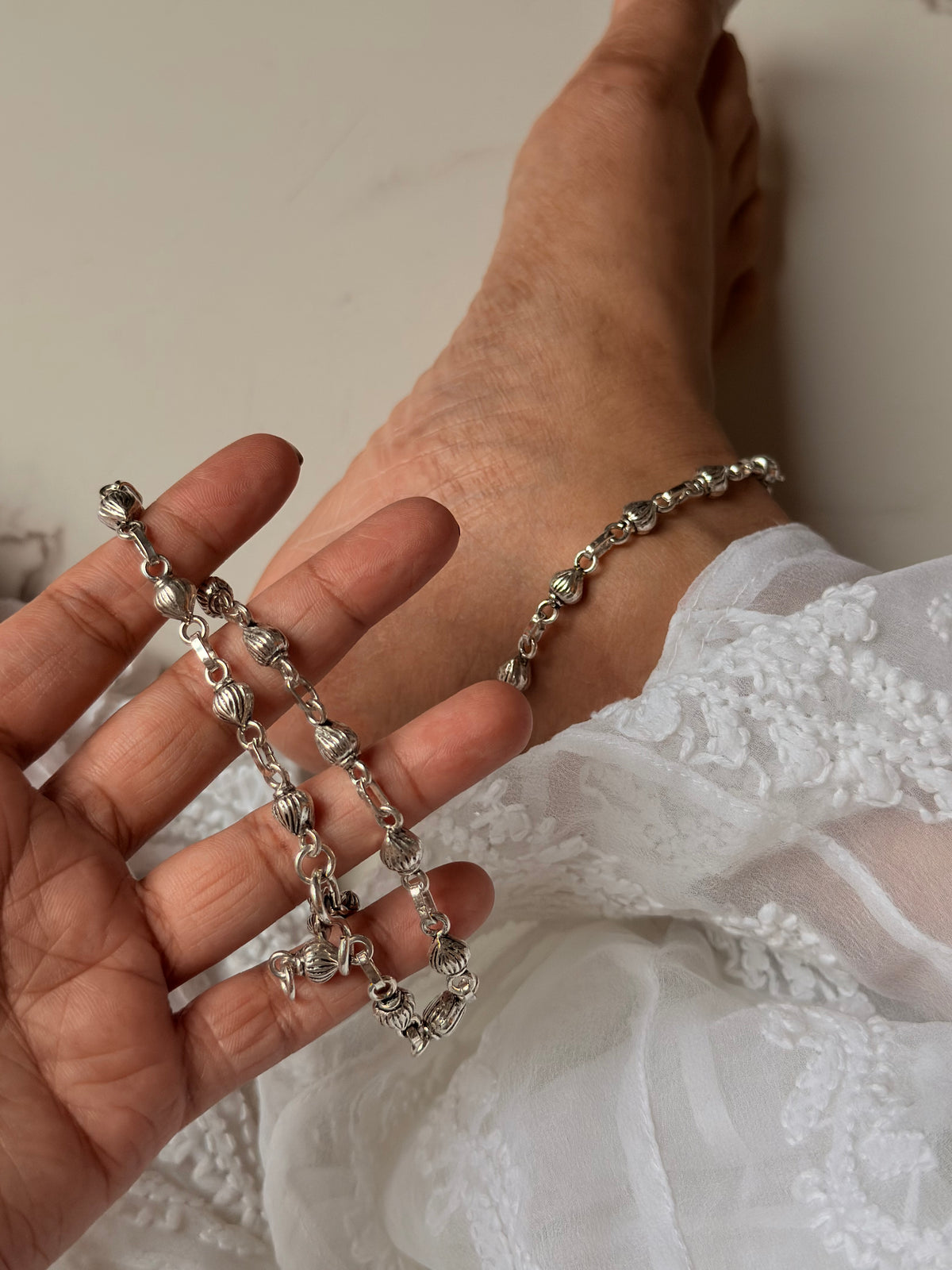 925 Sterling Silver Tribal Shell Textured Balls Handcrafted Anklet