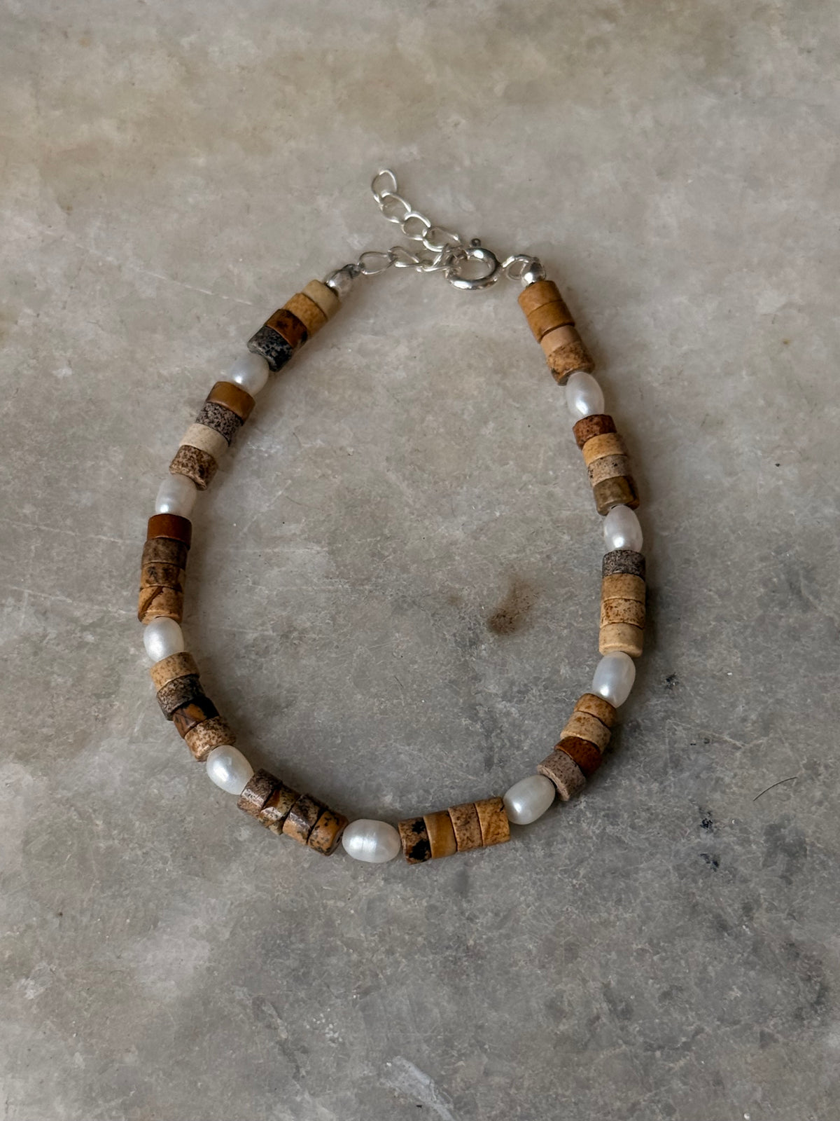 925 Sterling Silver Picture Jasper Flat Tube Crystal Fresh Water Pearls Bracelet