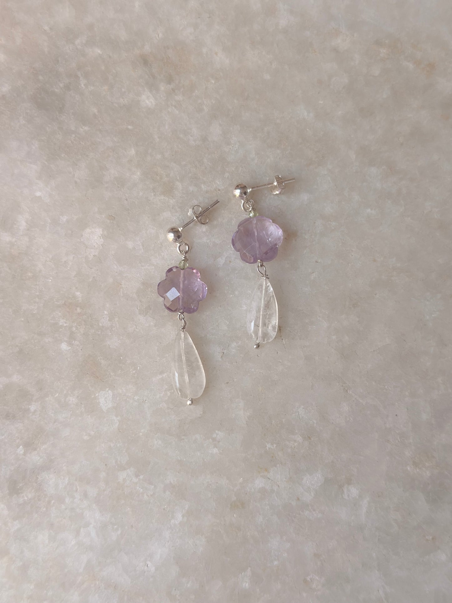 925 Sterling Silver Amethyst Flower , Peridot & Moonstone Earrings