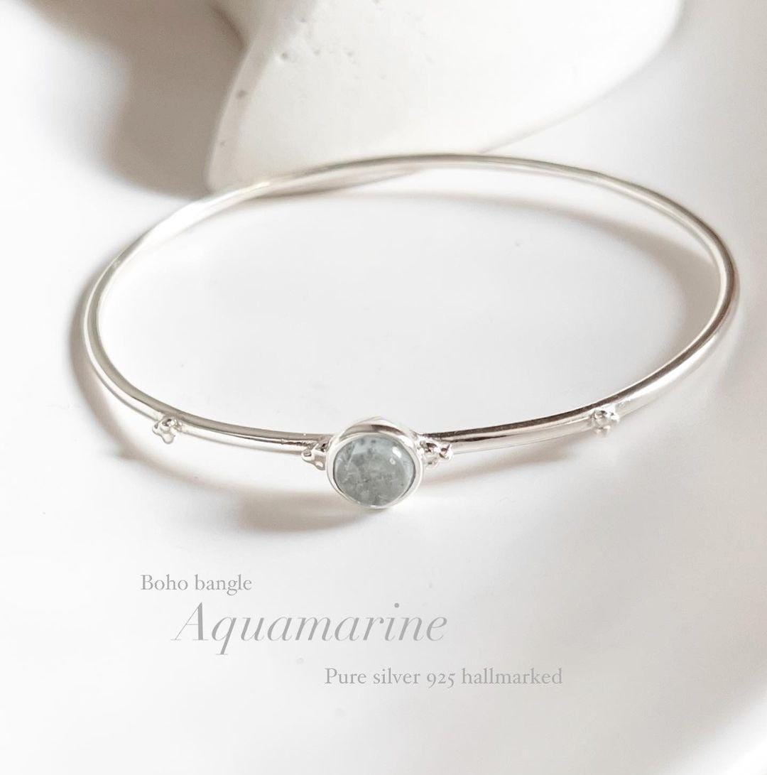 Aquamarine Boho Rawa Silver Bangle