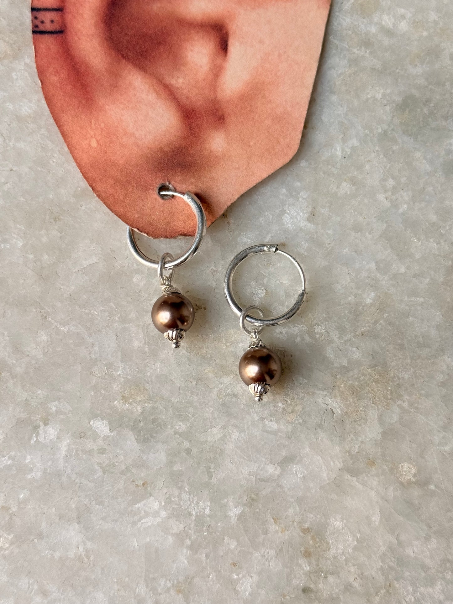 Brown Faux Pearl Charm 925 Sterling Silver Hoops