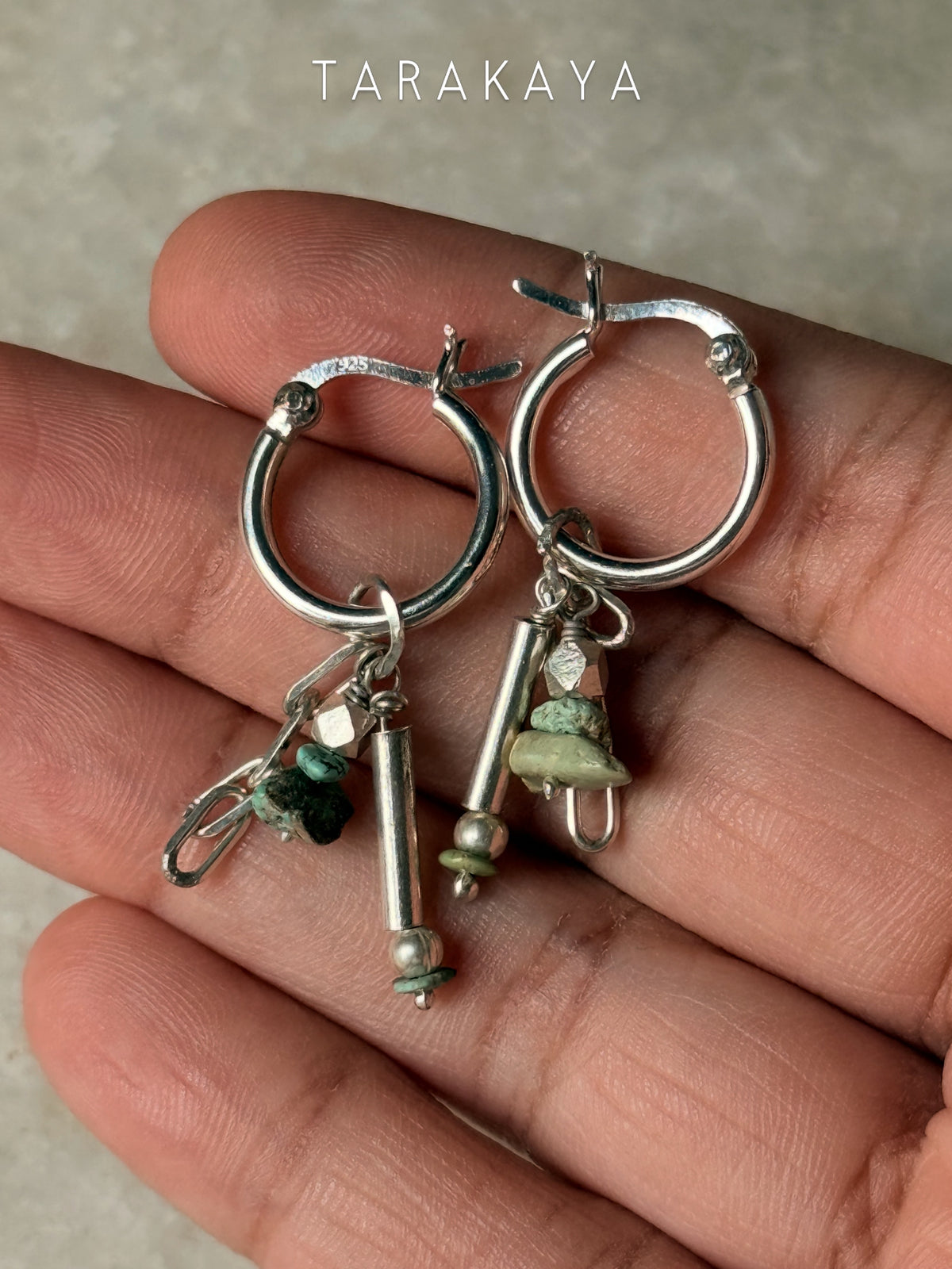 925 Sterling Silver Turquoise, Hill Tribe, Paper Clip Hoops Earrings