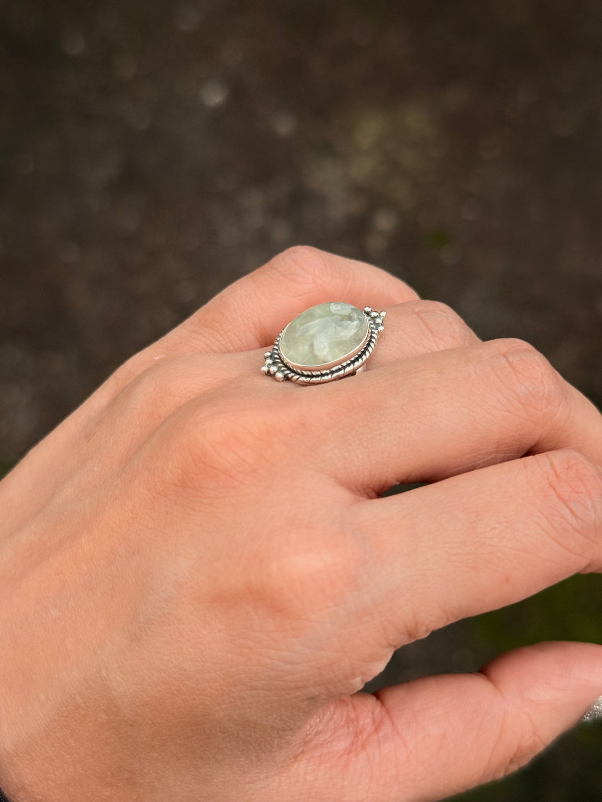 925 Sterling Silver Prehnite Oval Rawa Boho Ring