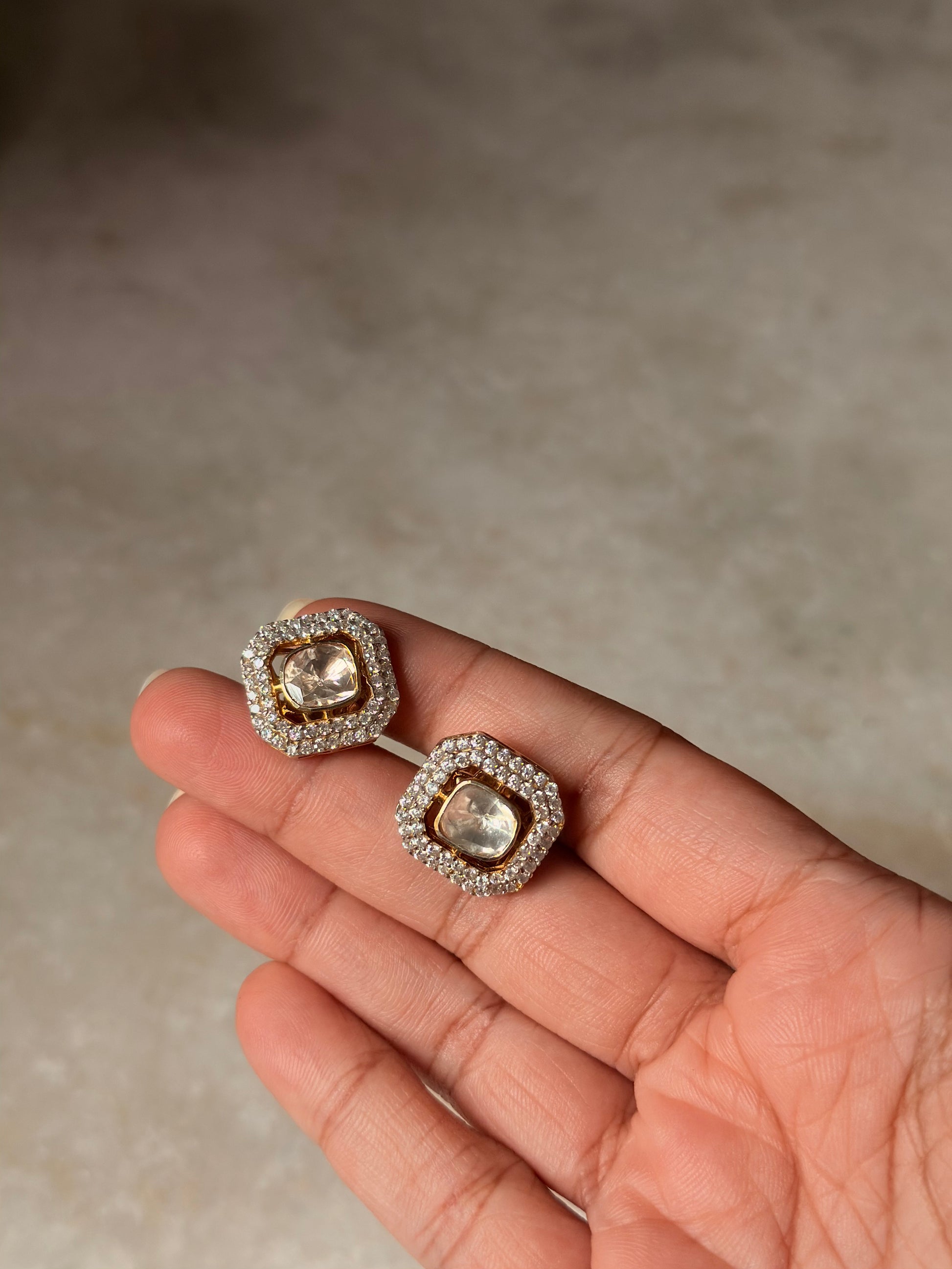 925 Sterling Silver Gold Plated Square Moissanite Polki Stud Earrings
