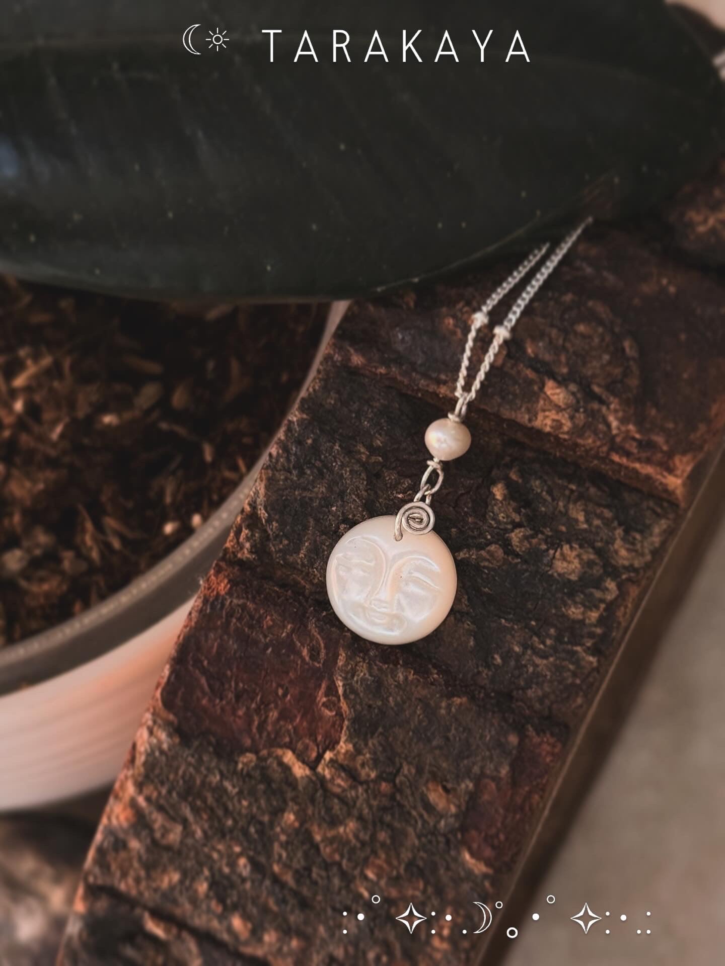 925 Sterling Silver Mother of Pearl Moon Face, Fresh Water Pearl Spiral Cable Dot Handcrafted Necklace