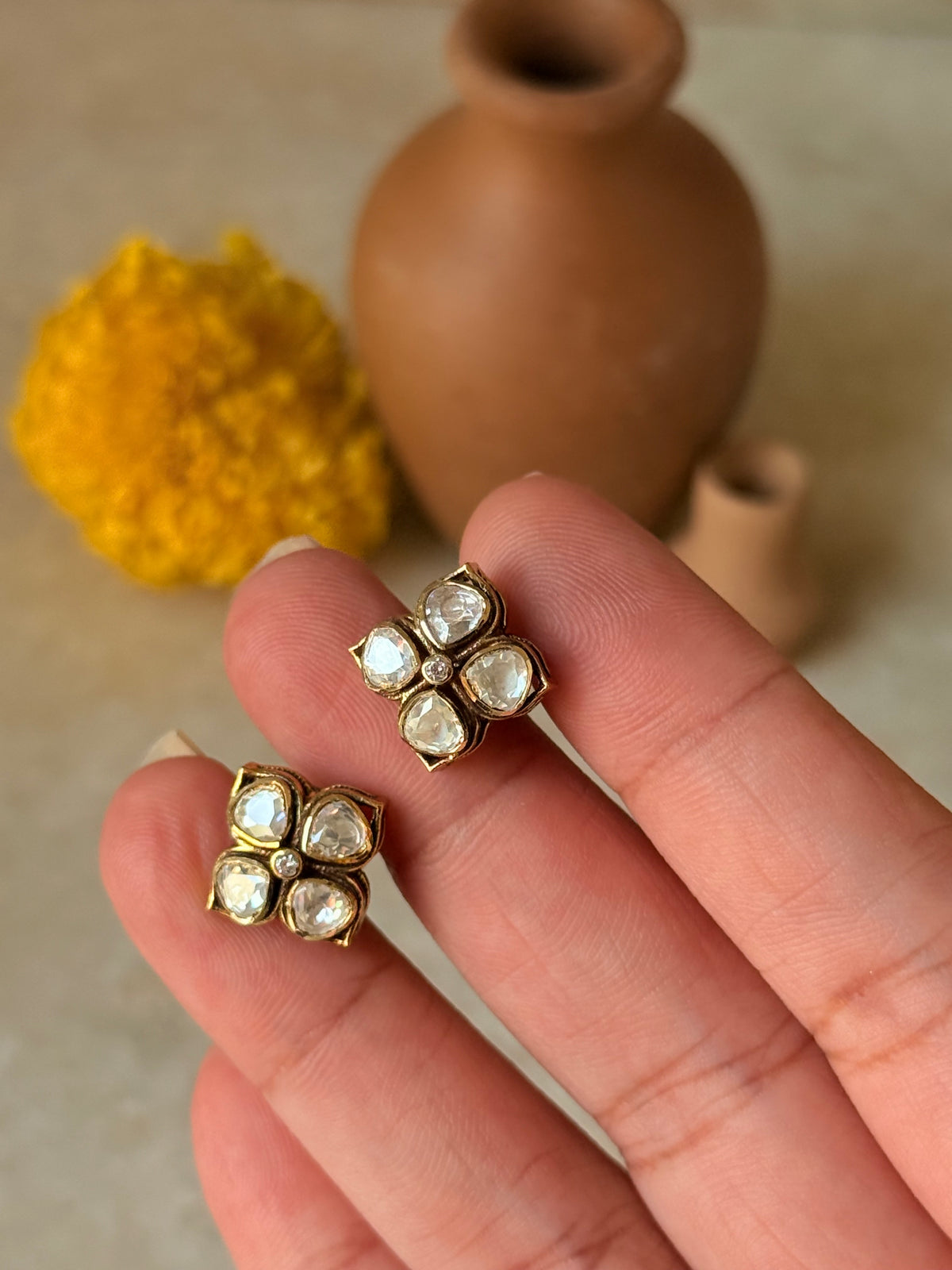 925 Sterling Silver Gold Plated Moissanite Polki Studs Earrings