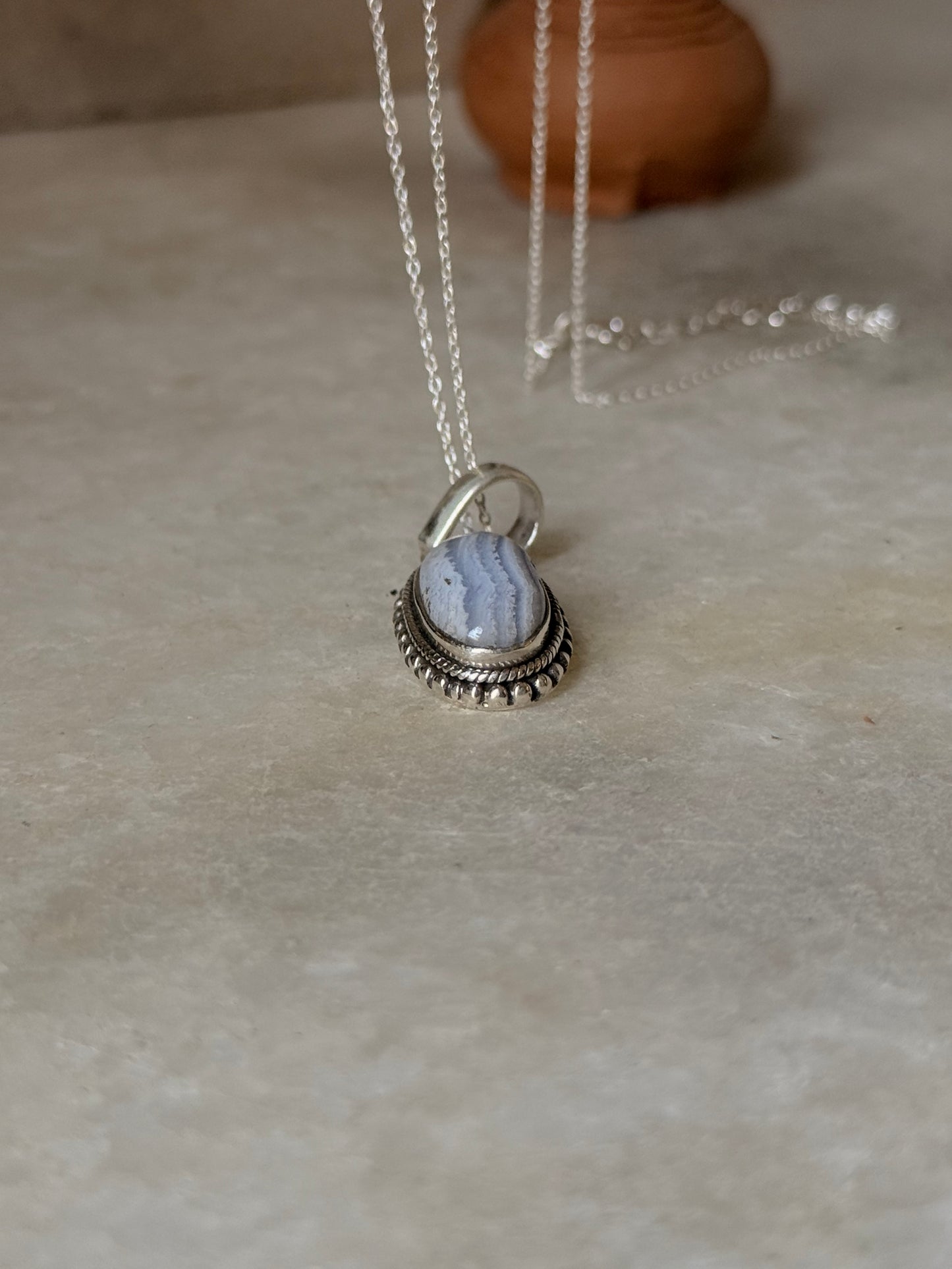 925 Sterling Silver Blue Lace Agate Handcrafted Oval Rawa Pendant