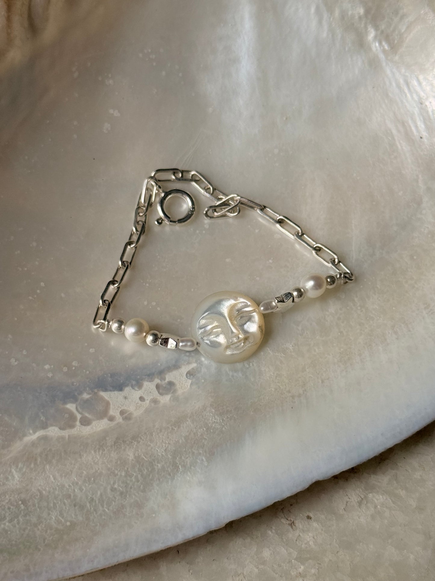 925 Sterling Silver Mother of Pearl Moon Face Carved, Fresh Water Pearls & Silver Stars, Paper Clip Self Designed Handcrafted Bracelet