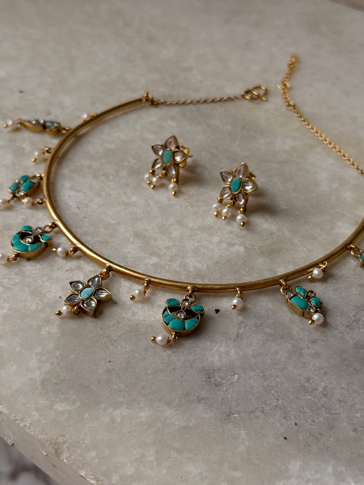 925 Sterling Silver Turquoise , Fresh Water Pearls & Kundan Polki Handcrafted Gold Plated Necklace Set