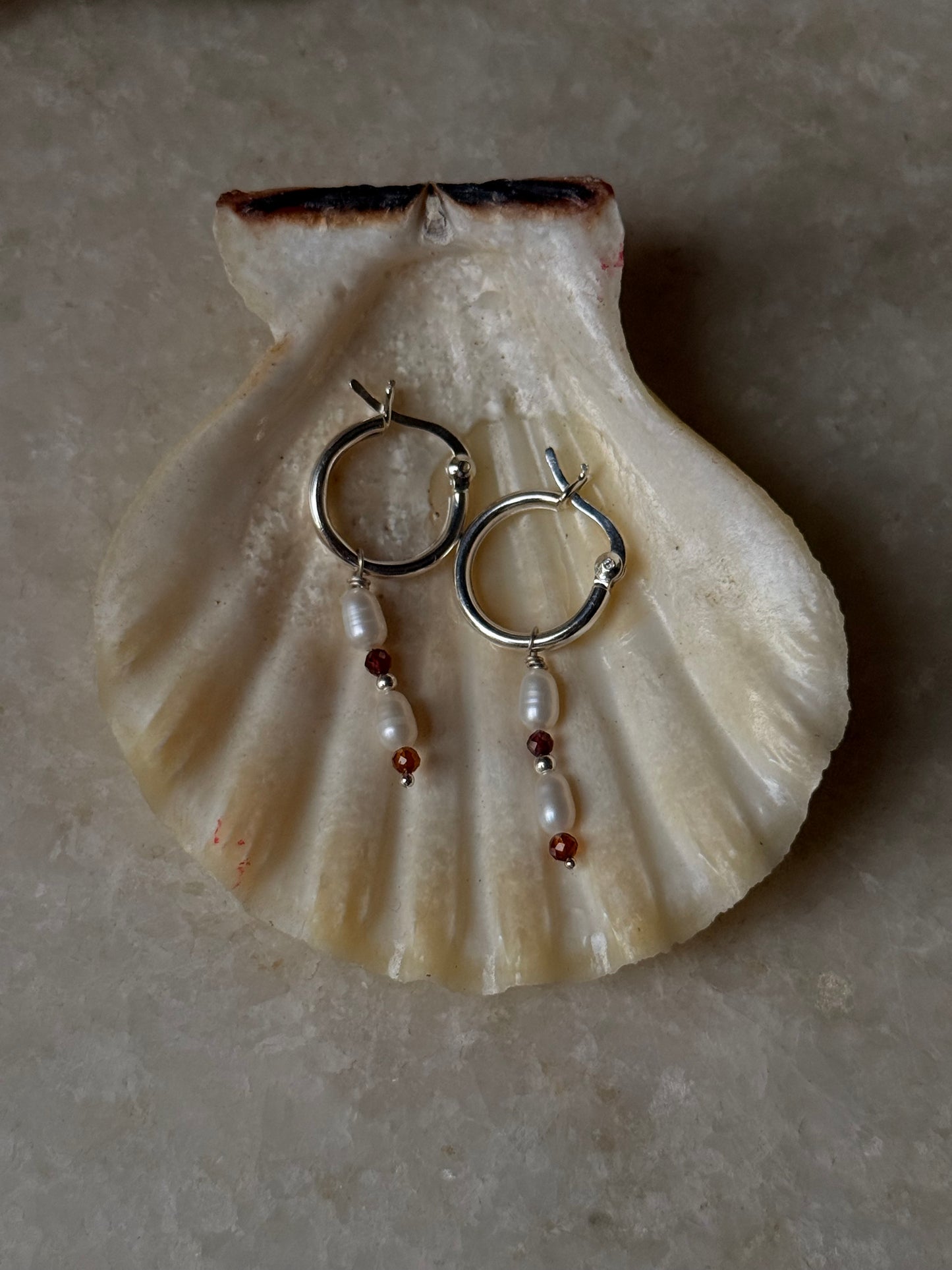 925 Sterling Silver Hessonite 2mm Fresh Water Pearl Hoops Earrings
