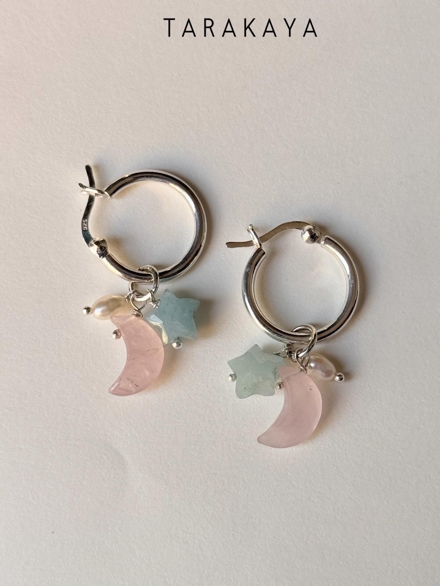 925 Sterling Silver Rose Quartz Moon, Aquamarine Star and Fresh Water Pearl Handcrafted Hoops