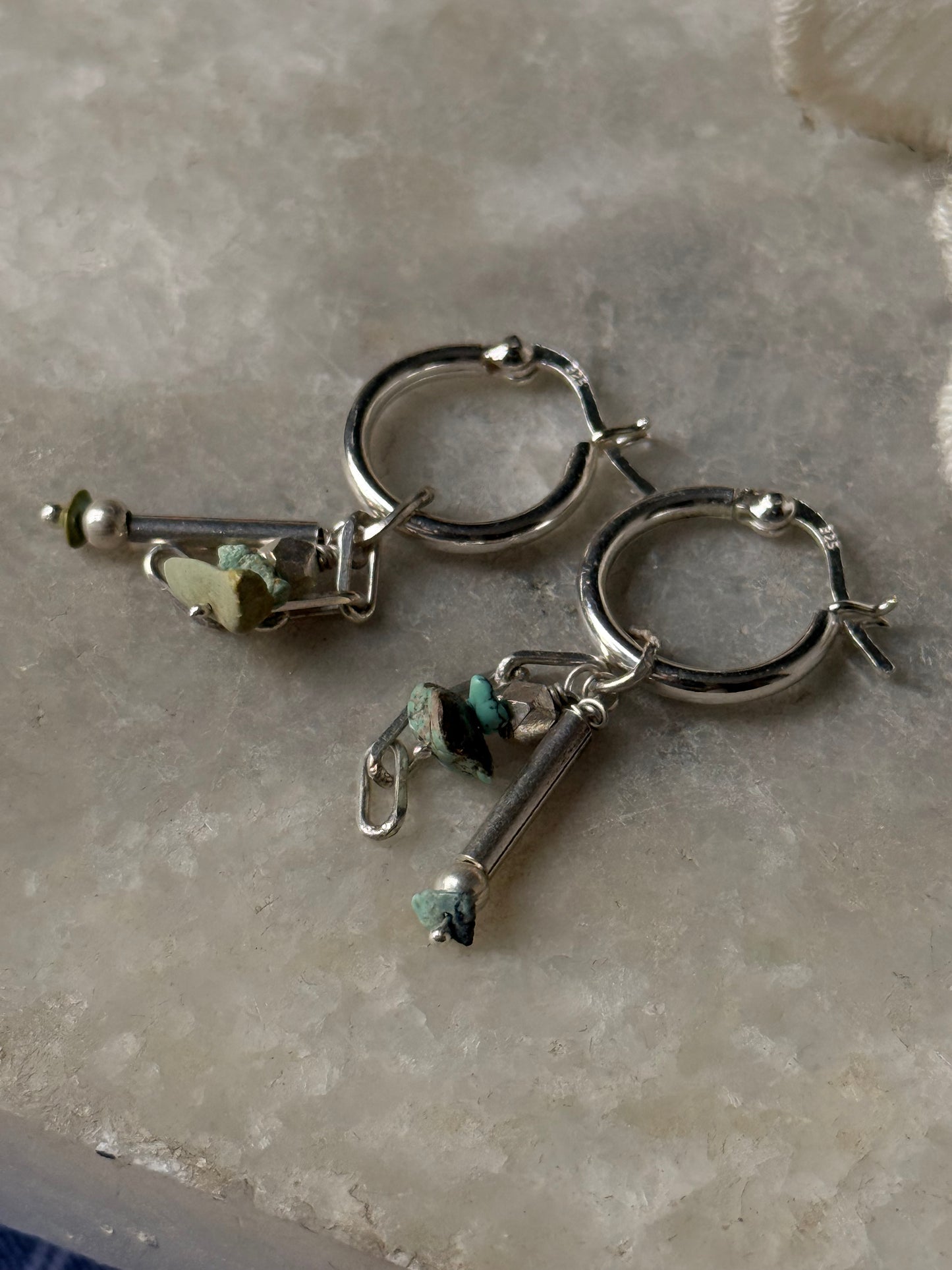 925 Sterling Silver Turquoise Beads, Silver Beads , Paper Clip Chain Hangings Removable Charms Self Designed Handcrafted Italian Hoops Earrings