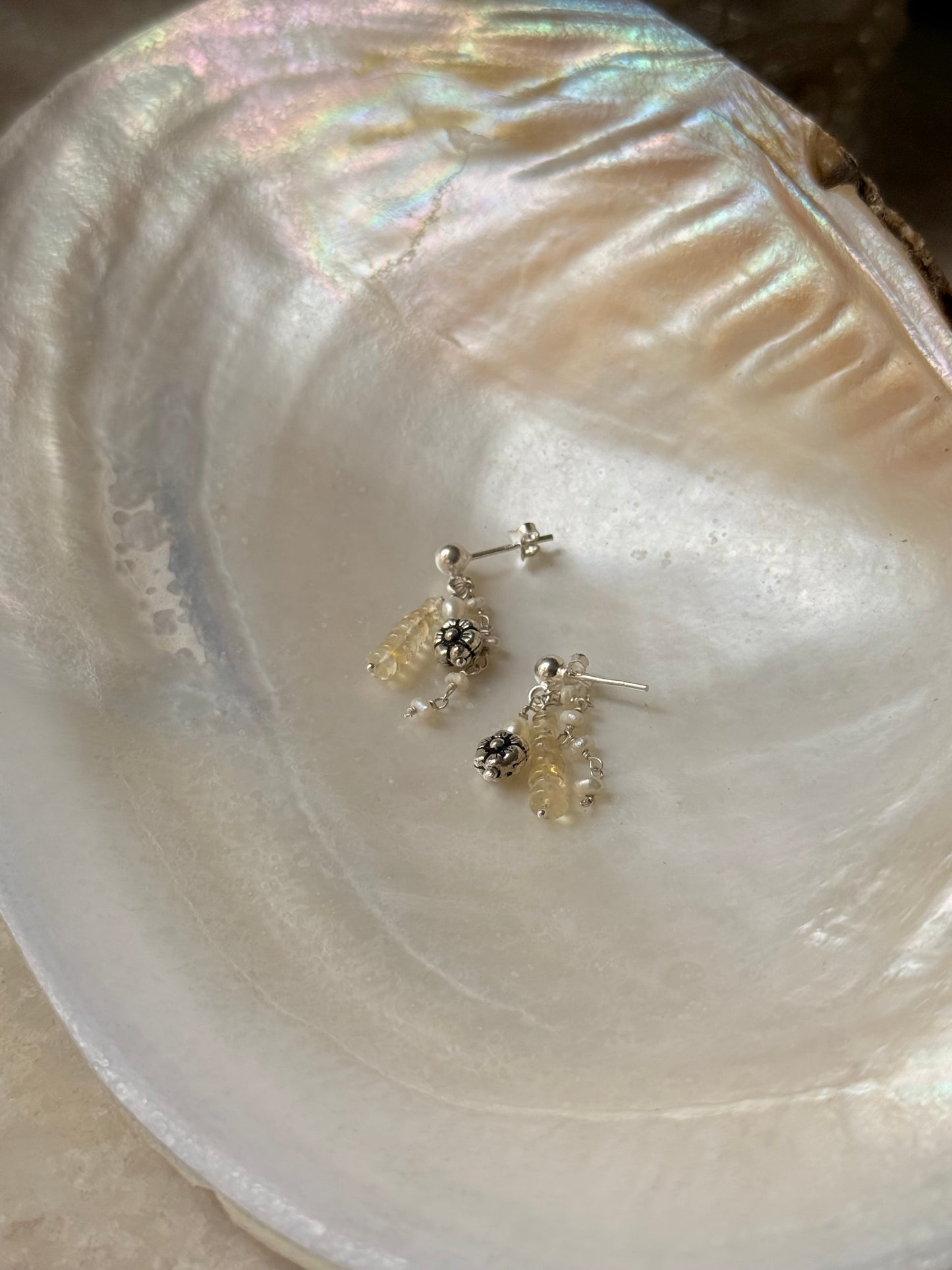 925 Sterling Silver Ethiopian Opals & Fresh Water Pearls Hand beaded , Floral Charm Handcrafted Studs Earrings
