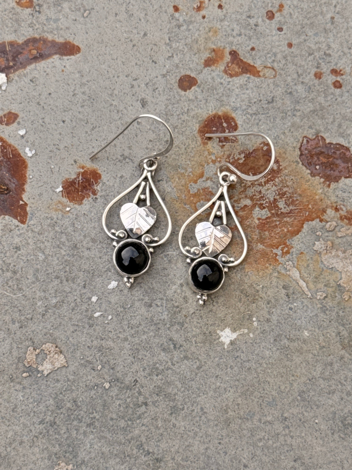 925 Sterling Silver Black Onyx Pear Leaf Rustic Handcrafted Hook Earrings