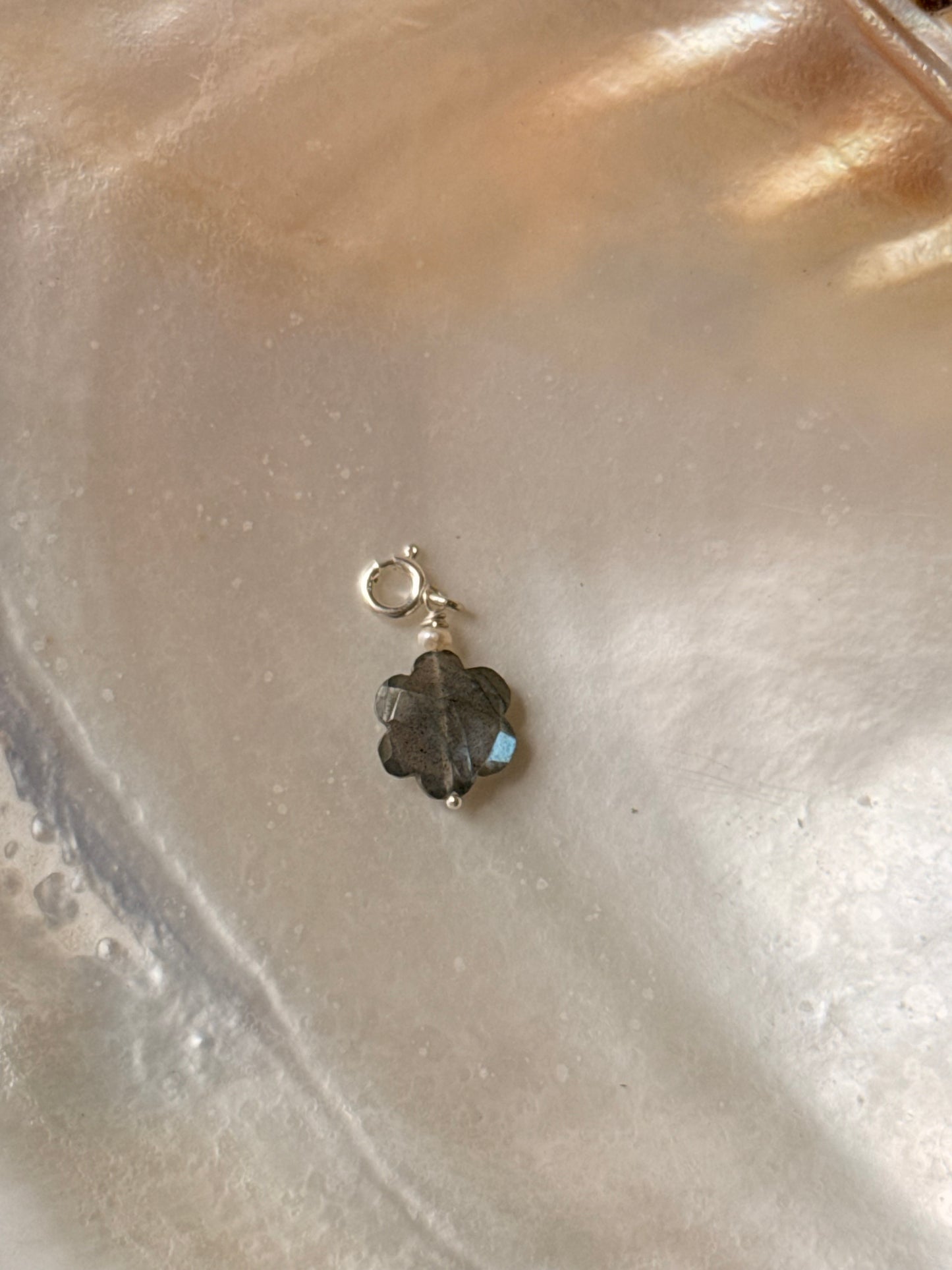925 Sterling Silver Labradorite Floral Carved With Fresh Water Pearls Handcrafted Charm