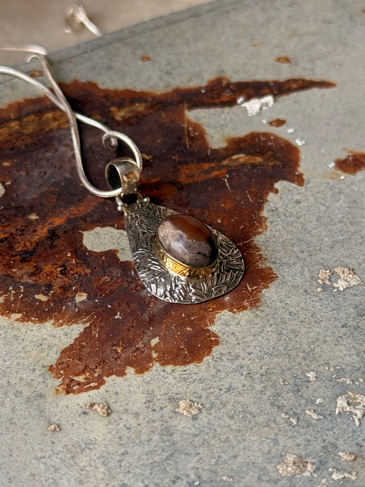 925 Sterling Silver Brown Agate Oval Stone Textured Pear Handcrafted Pendant