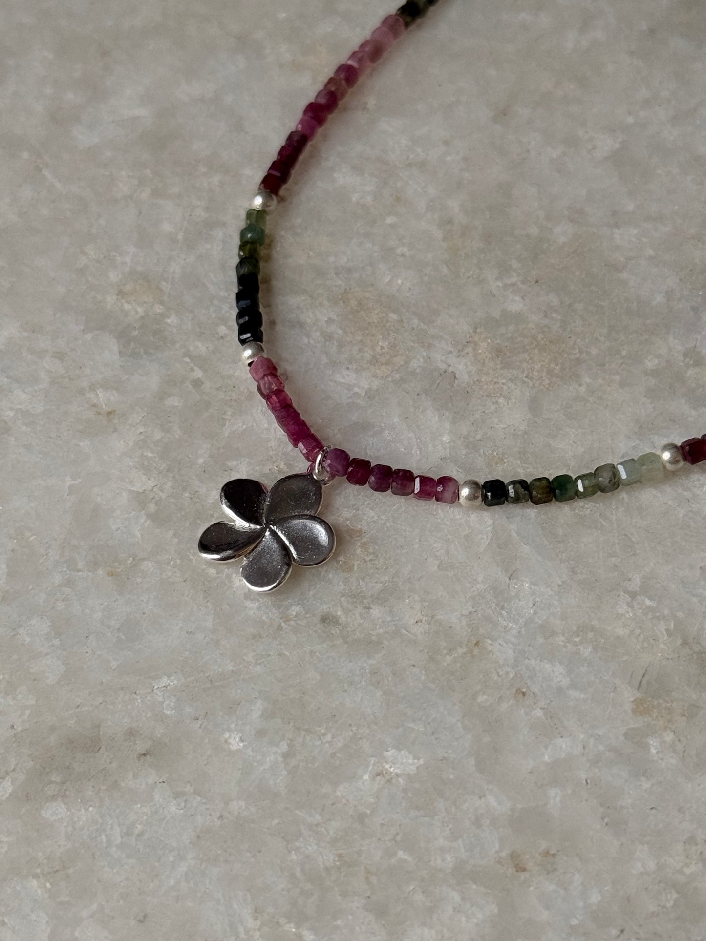 Multi Tourmaline Box Faceted With Plumeria Charm & Silver Balls 925 Sterling Silver Necklace
