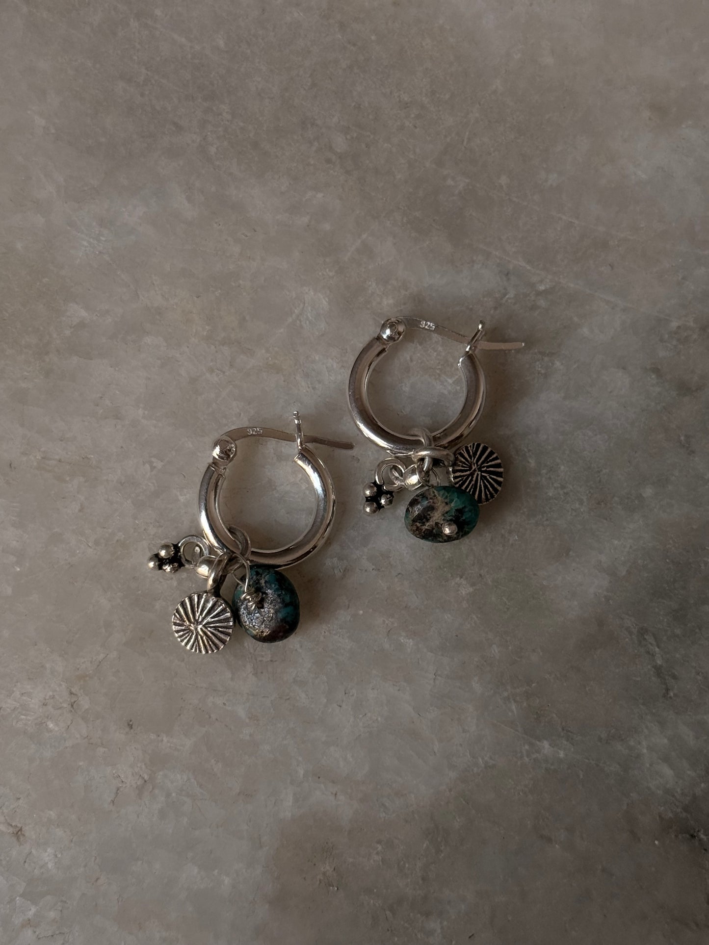 925 Sterling Silver Hill Tribe Handcrafted Coin Charm,Kingsman Turquoise ,Rawa Tribal Charm &Silver Ball -Removal Italian Hoops