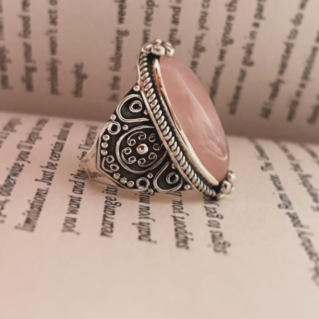 Rose Quartz Boho Oval Statement Ring in Silver