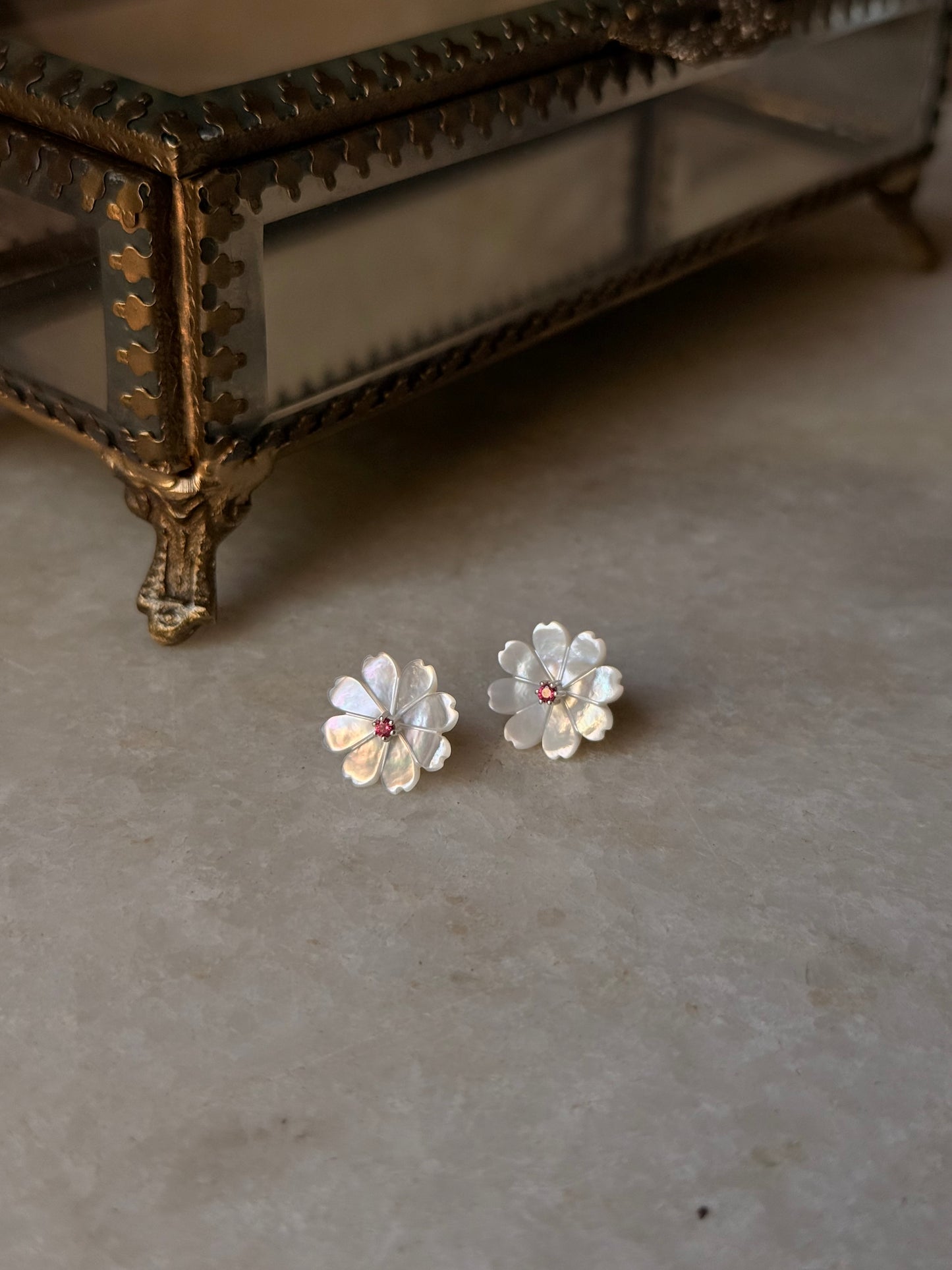925 Sterling Silver Mother of Pearl Flower Carved Lab Grown Ruby Tiny Studs- 2 in 1