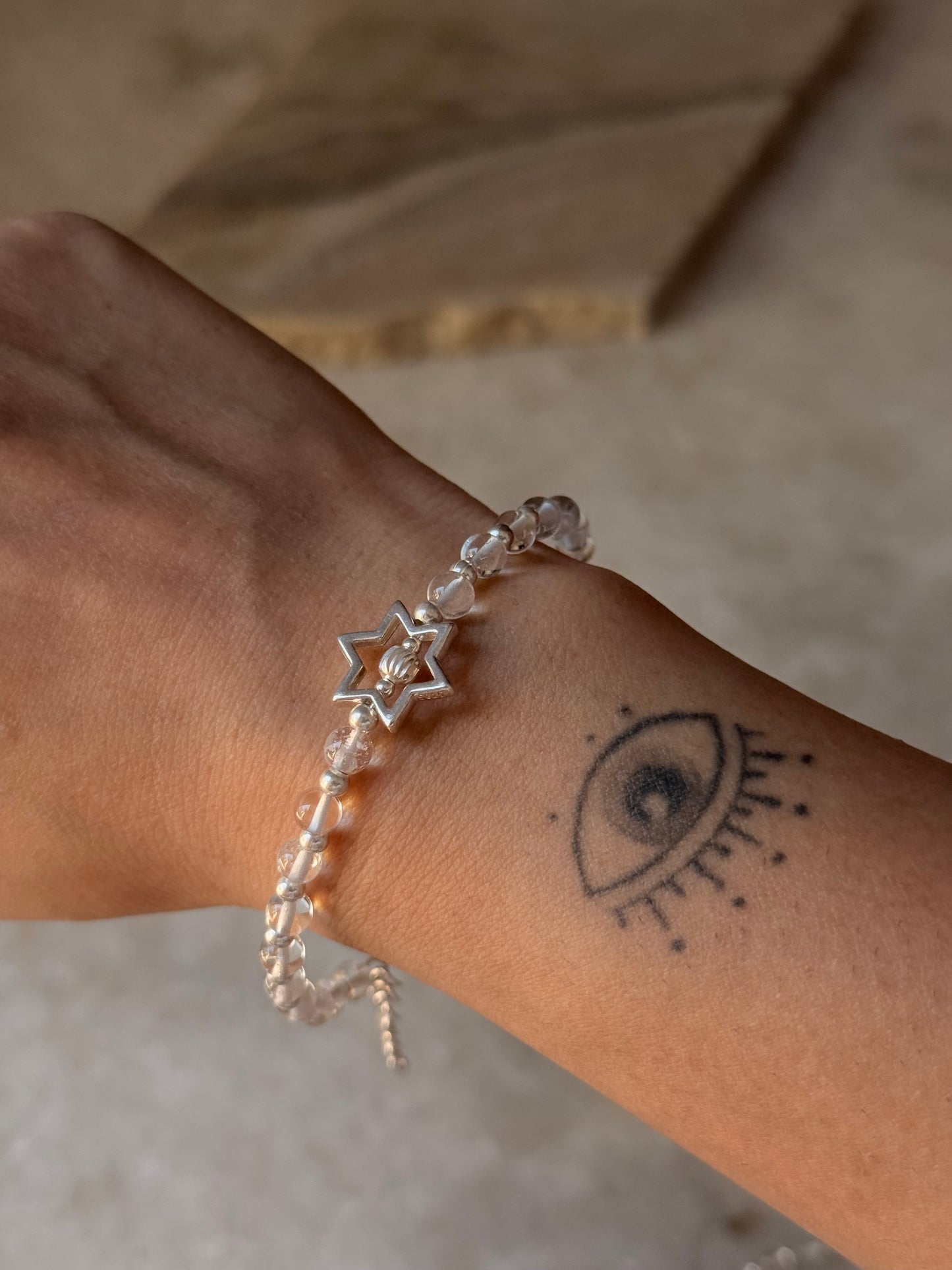 925 Sterling Silver Clear Quartz 4mm Silver Star Charm and Silver Disco Beads Bracelet - Beaded in Pure Silver 925 Wire