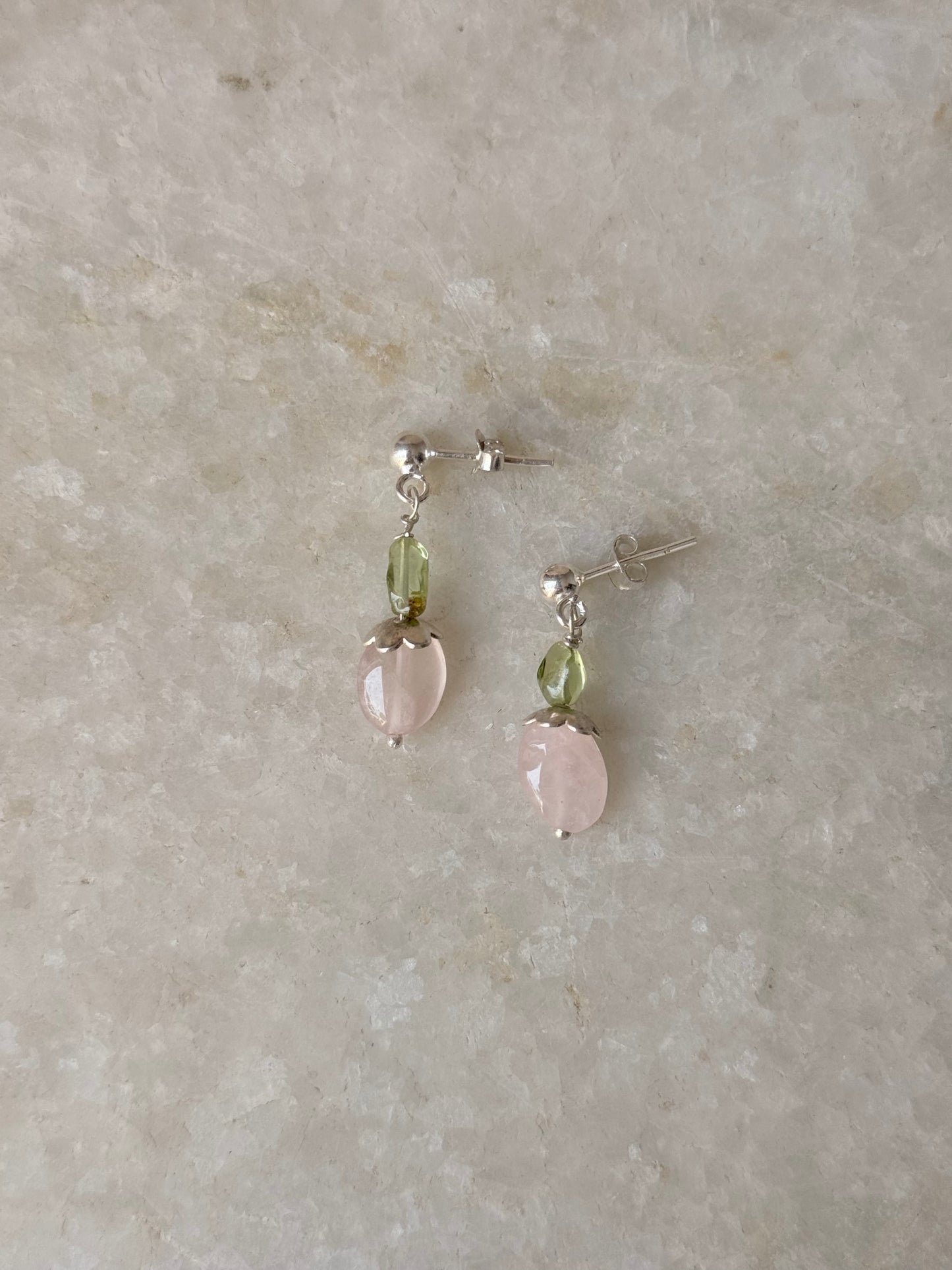 925 Sterling Silver Rose Quartz Tumble Flower & Peridot Studs Earrings