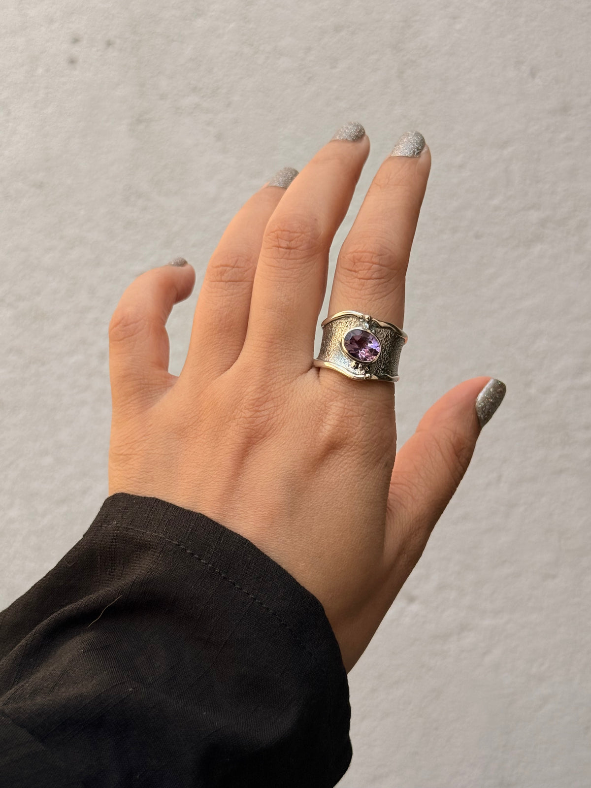 925 Sterling Silver Amethyst Textured Rustic Statement Handcrafted Ring