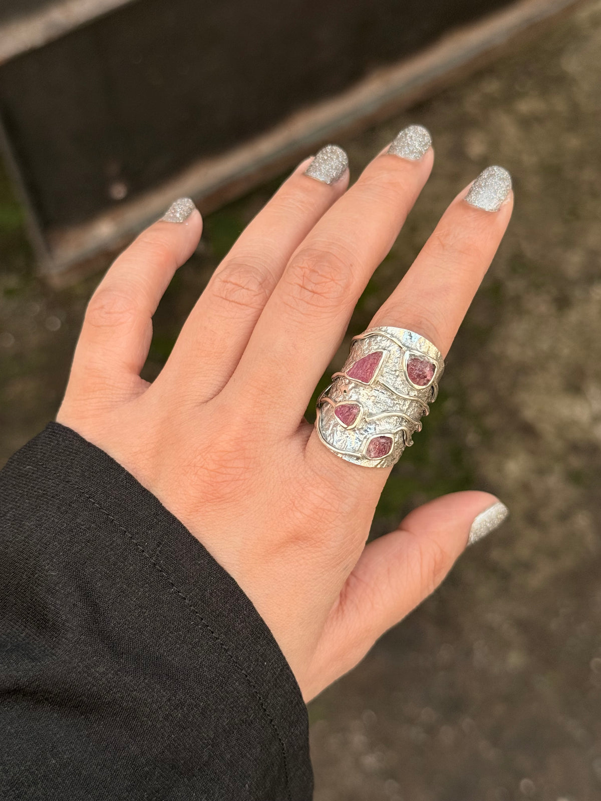 925 Sterling Silver Pink Tourmaline Raw Uncut Textured Rustic Handcrafted Ring