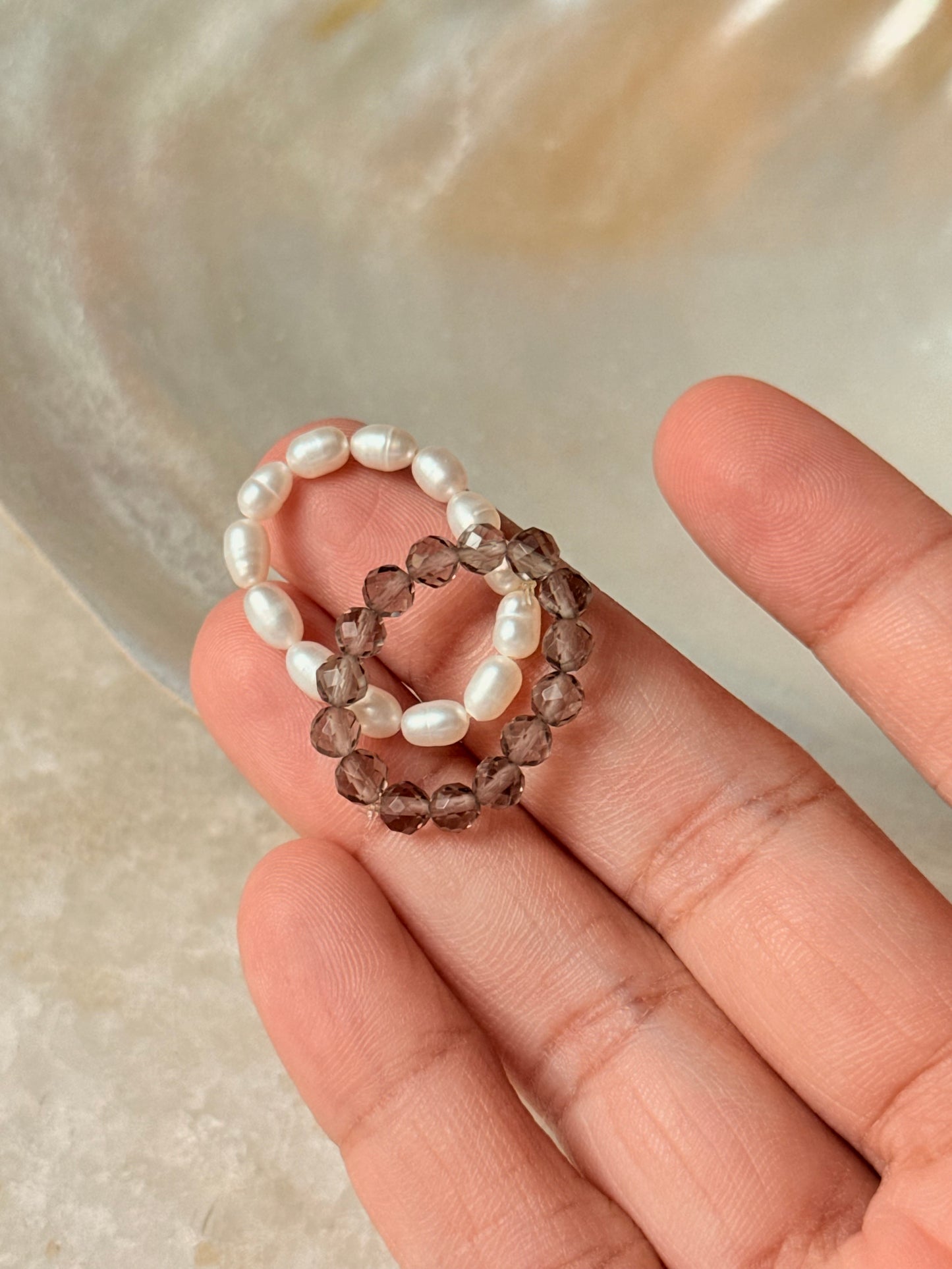 Natural Crystal Stretchy Smokey Quartz 3-4mm & Fresh Water Pearl Rings
