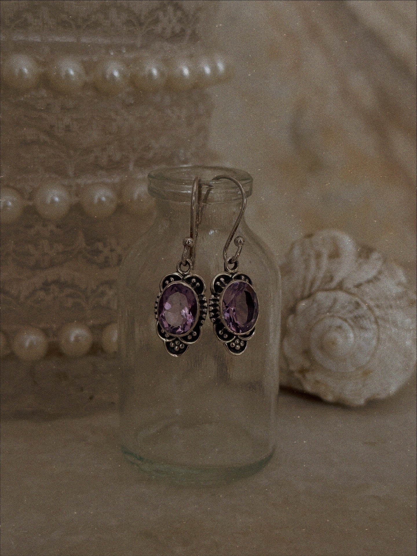 Boho style amethyst oval cut silver hook earrings