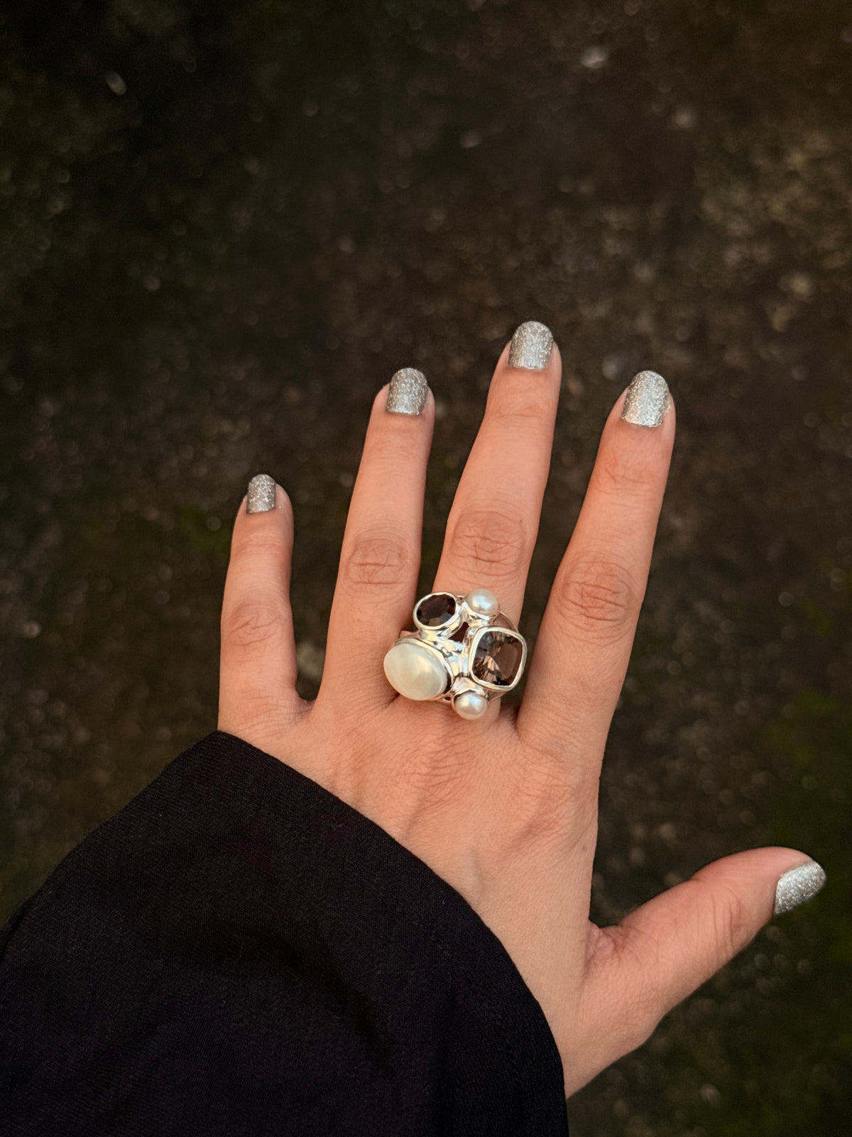 925 Sterling Silver Fresh Water Pearls & Smokey Quartz Cluster Statement Ring