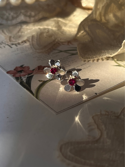 Ruby Lab Grown Flower 925 Sterling Silver Studs