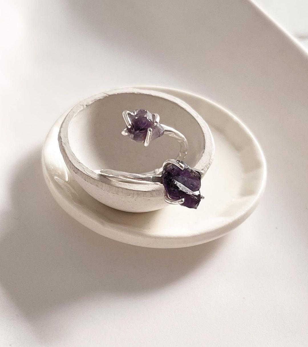 Adjustable Silver Ring with Double Uncut Amethyst Crystals