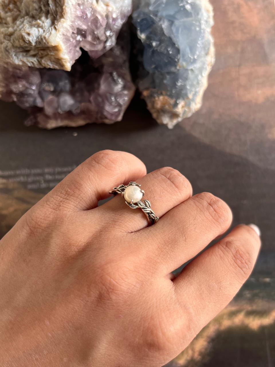 Handcrafted Fresh Water Pearl Ring with Forest Elements