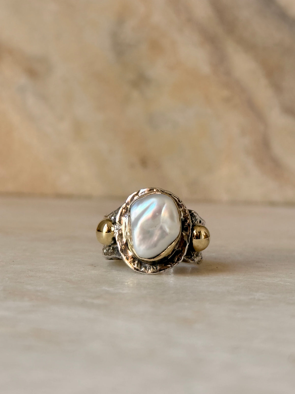 925 Sterling Silver Baroque Pearl Rustic Fusion Handcrafted Ring