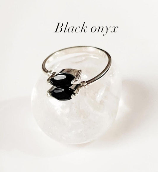 Black Onyx Marquise Double Stone Silver Ring