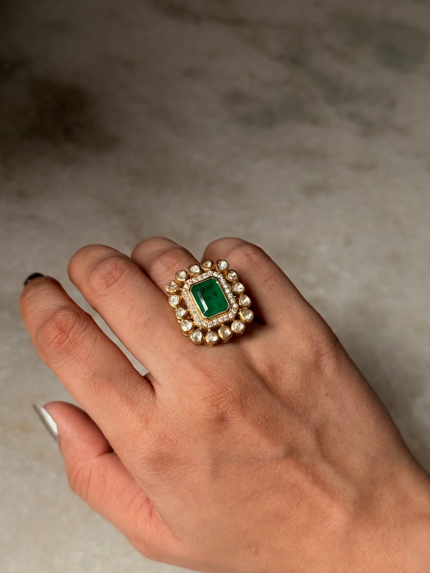 925 Sterling Silver Gold Plated Green onyx , Antique Moissanite Polki Adjustable Ring