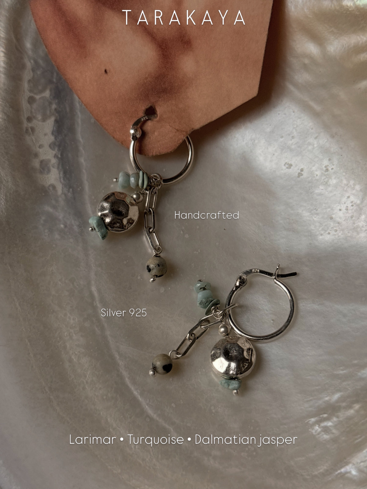 925 Sterling Silver Larimar, Turquoise, Dalmatian Jasper With Paper Clip Chain Earrings