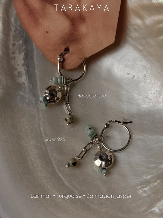 925 Sterling Silver Larimar , Turquoise , Dalmatian Jasper With Paper Clip Chain, Handcrafted Rustic Hoops Earrings