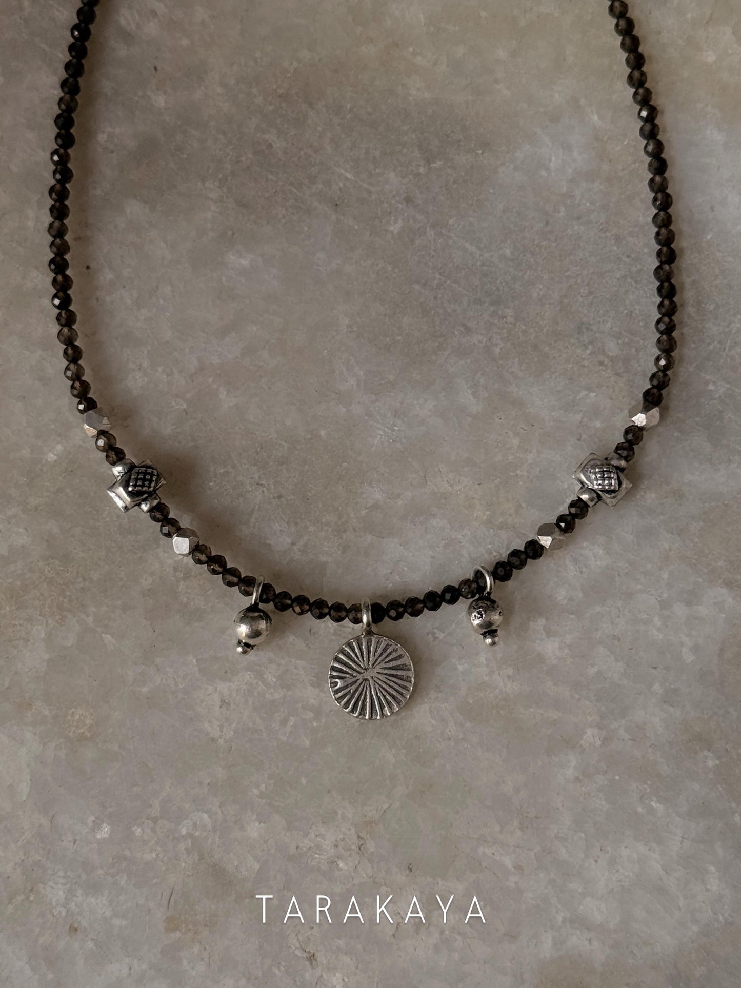 925 Sterling Silver Smokey Quartz 2mm & Hill Tribe Coin Charm & Silver Beads Handcrafted Necklace