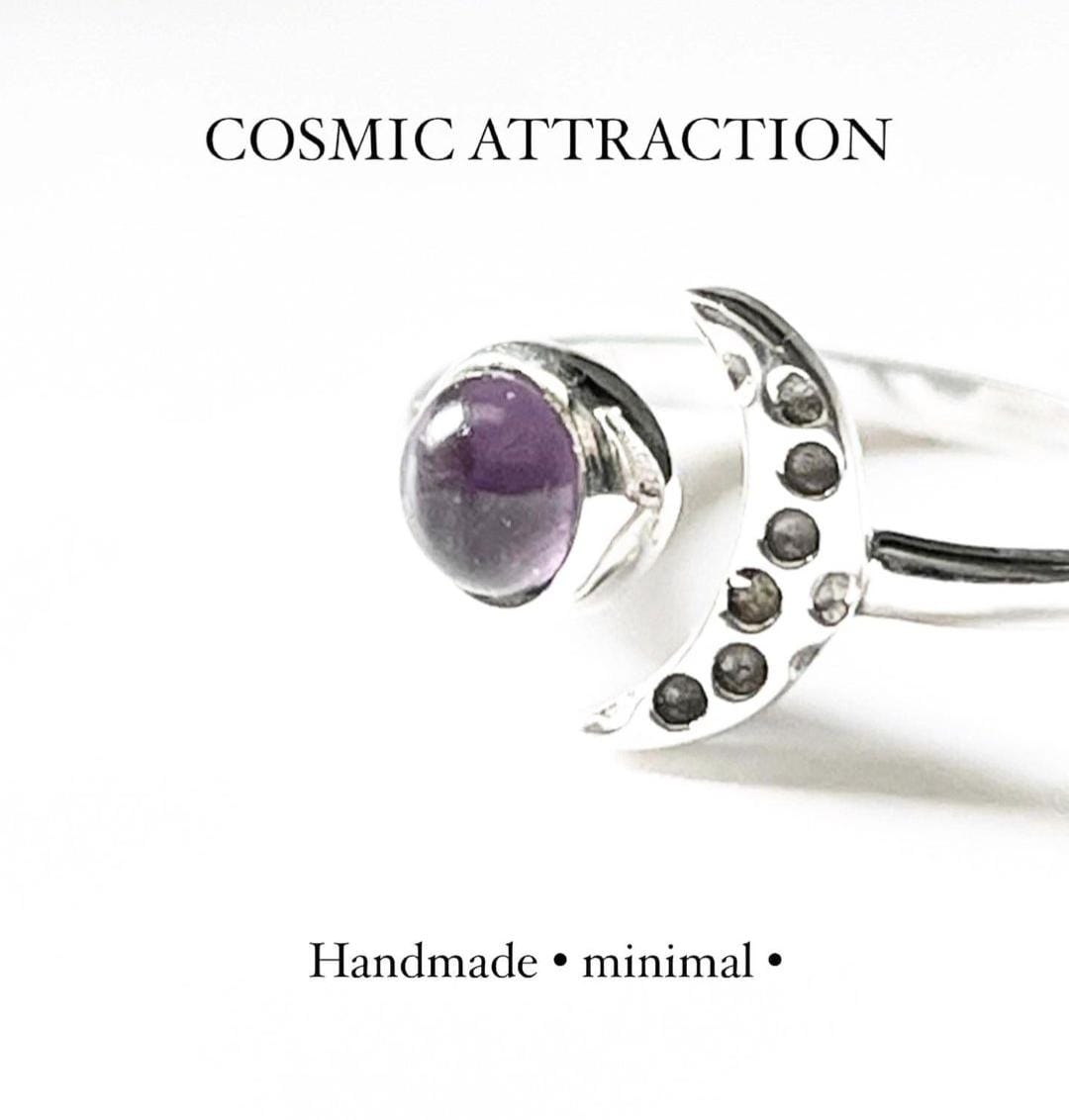 Amethyst Crescent Moon Adjustable Silver Ring