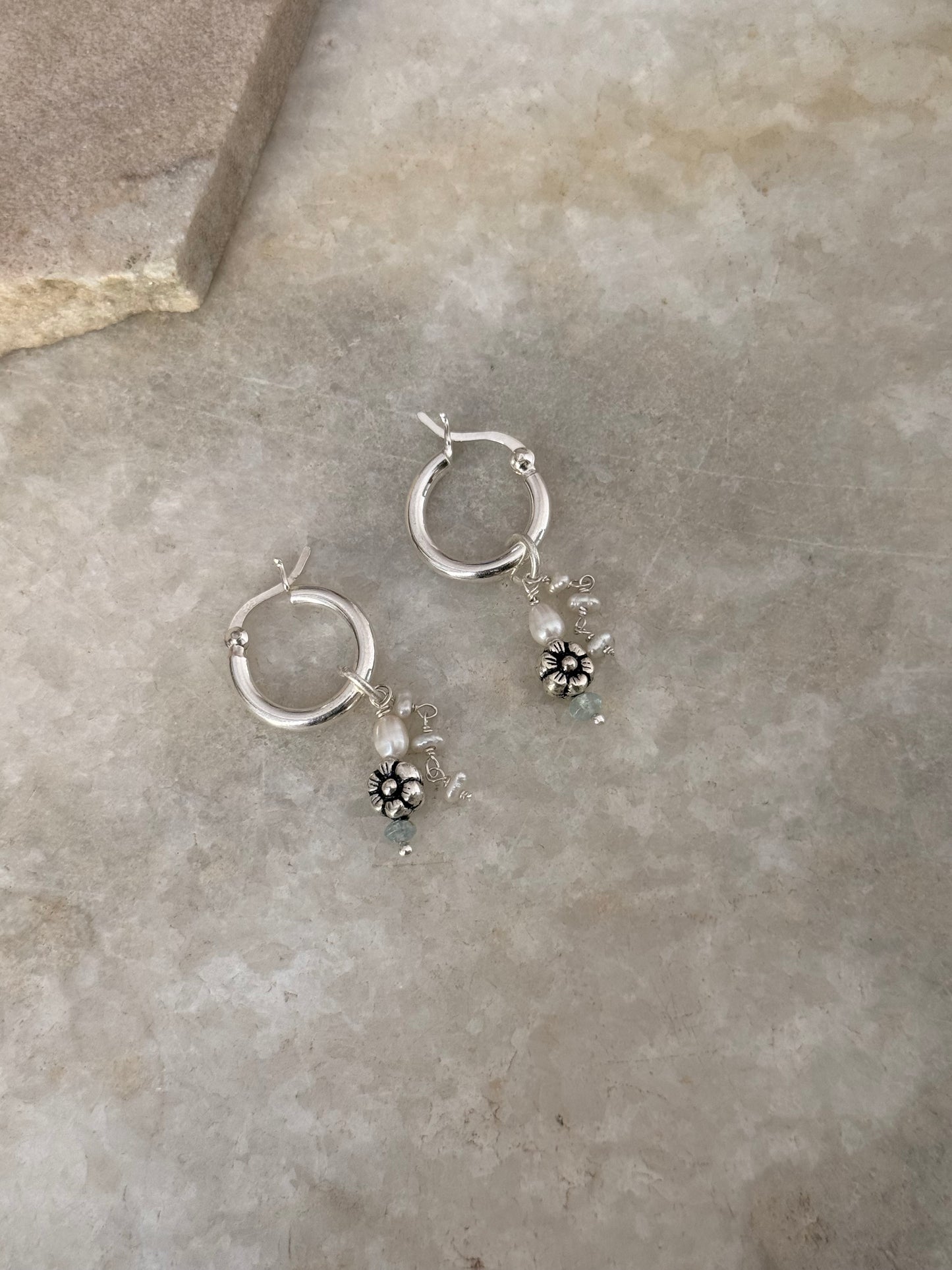925 Sterling Silver Fresh Water Pearl, Aquamarine & Floral Hoops