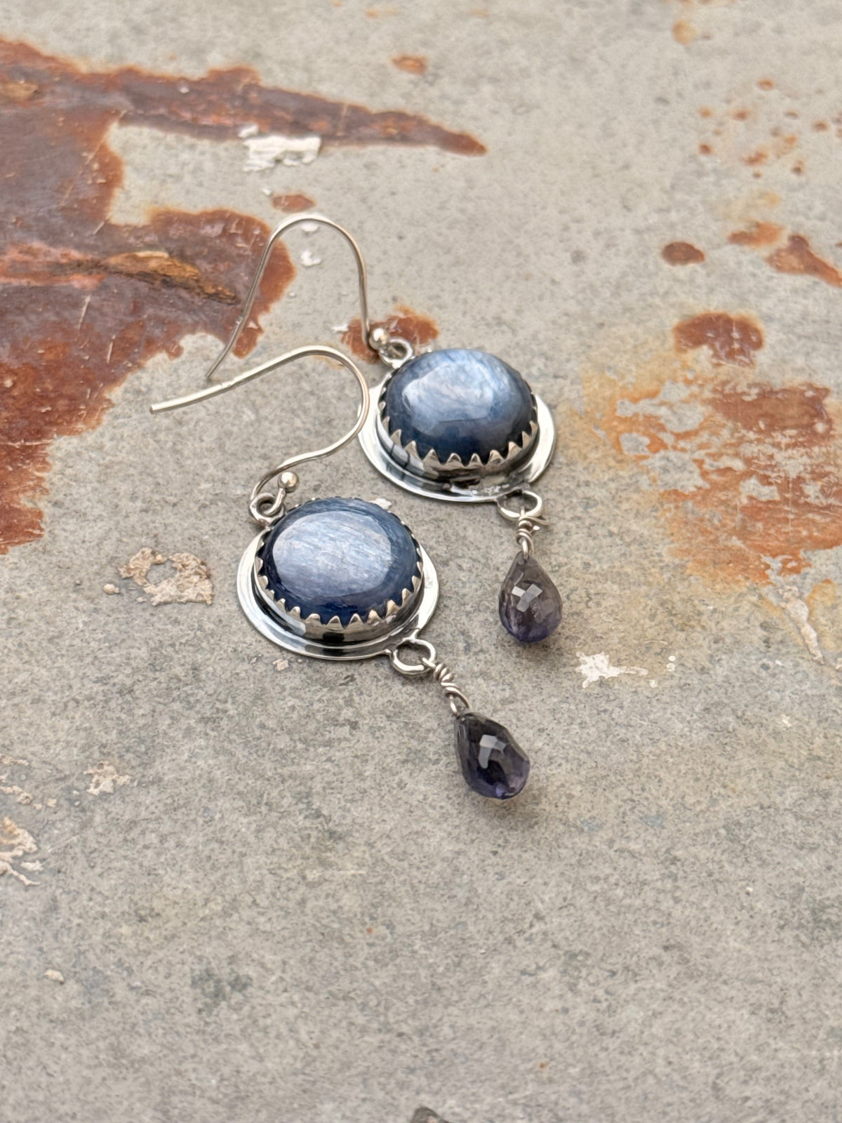 925 Sterling Silver Round Kyanite & Iolite Drop Gothic Rustic Handcrafted Hook Earrings
